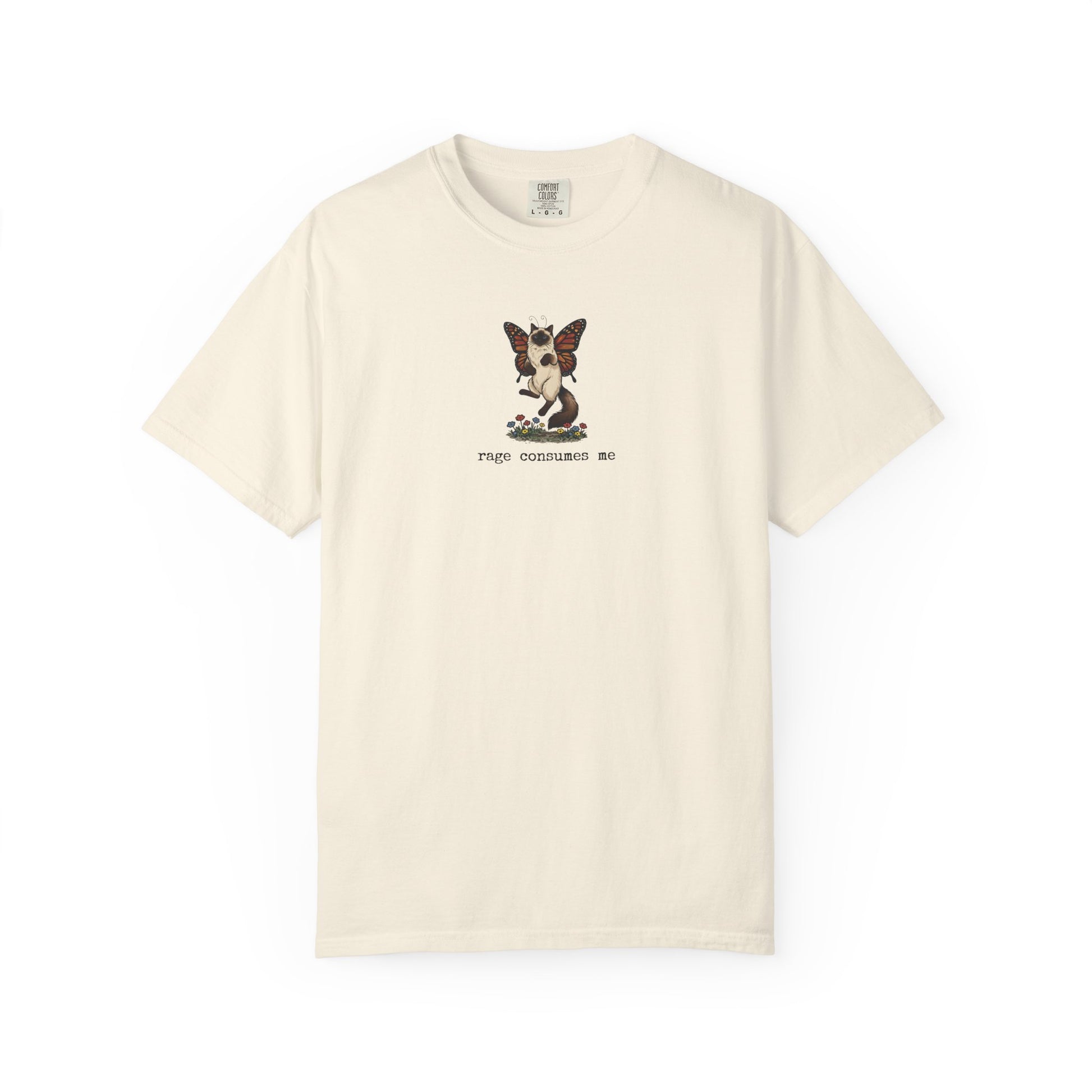 Natural cream Rage Consumes Me t-shirt with butterfly Siamese cat artwork