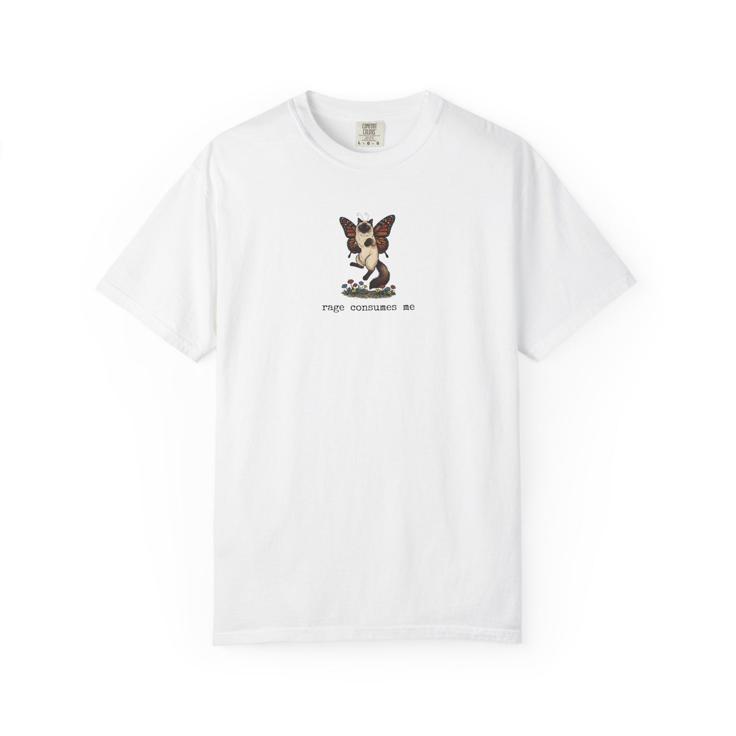 White Rage Consumes Me t-shirt featuring butterfly Siamese cat graphic