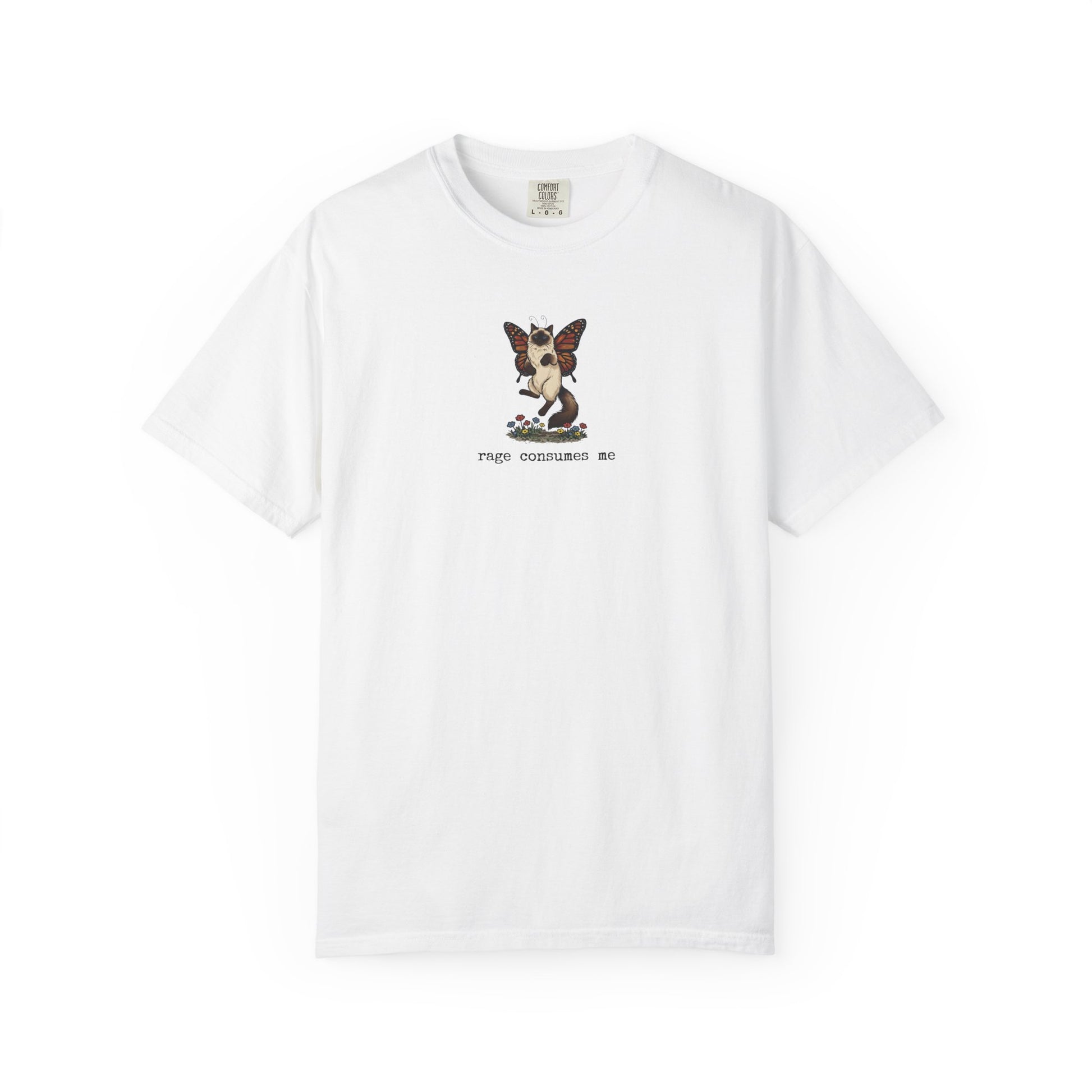 White Rage Consumes Me t-shirt featuring butterfly Siamese cat graphic