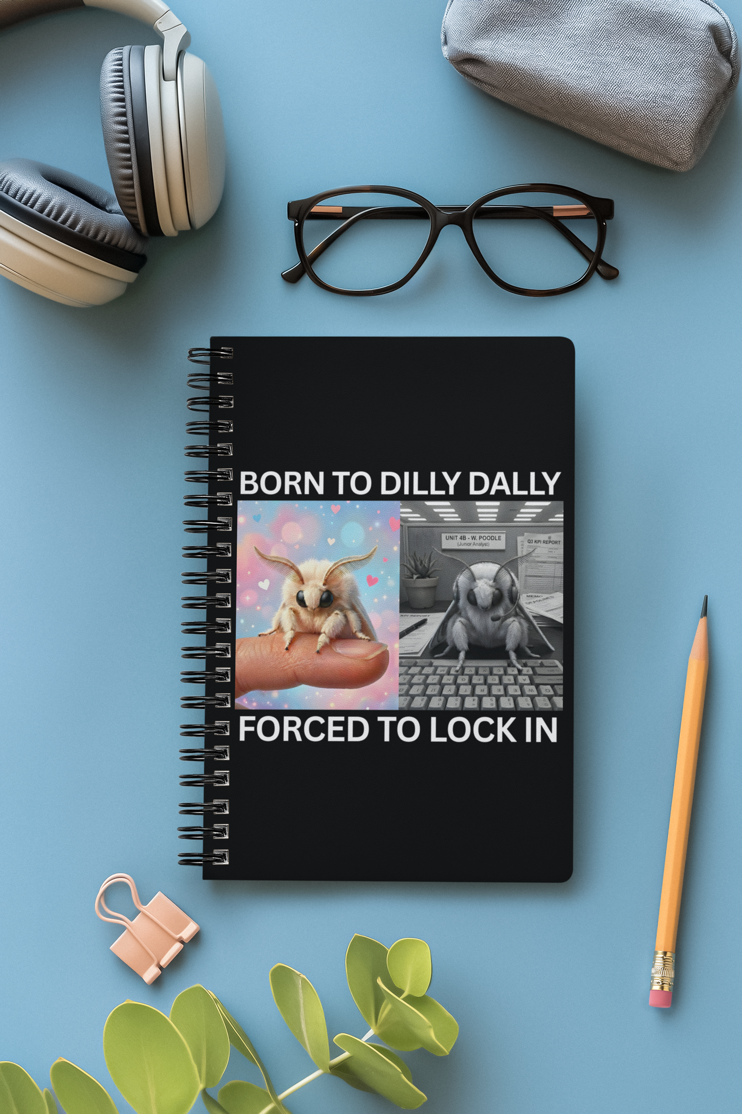 Born to Dilly Dally moth notebook on desk with pencil and glasses showing funny procrastination meme design. 