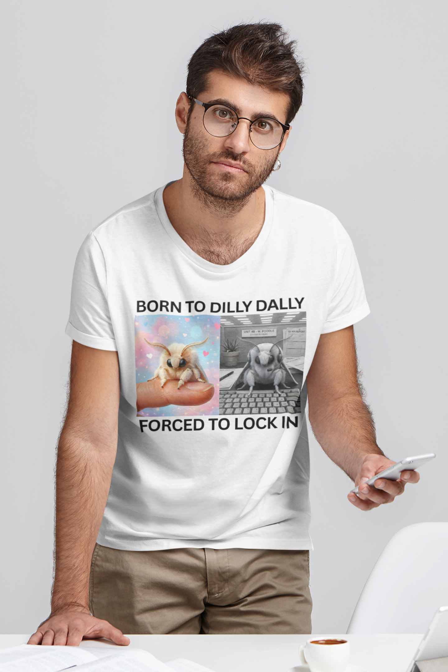 Man wearing born to dilly dally forced to lock in moth meme t-shirt in an indoor setting