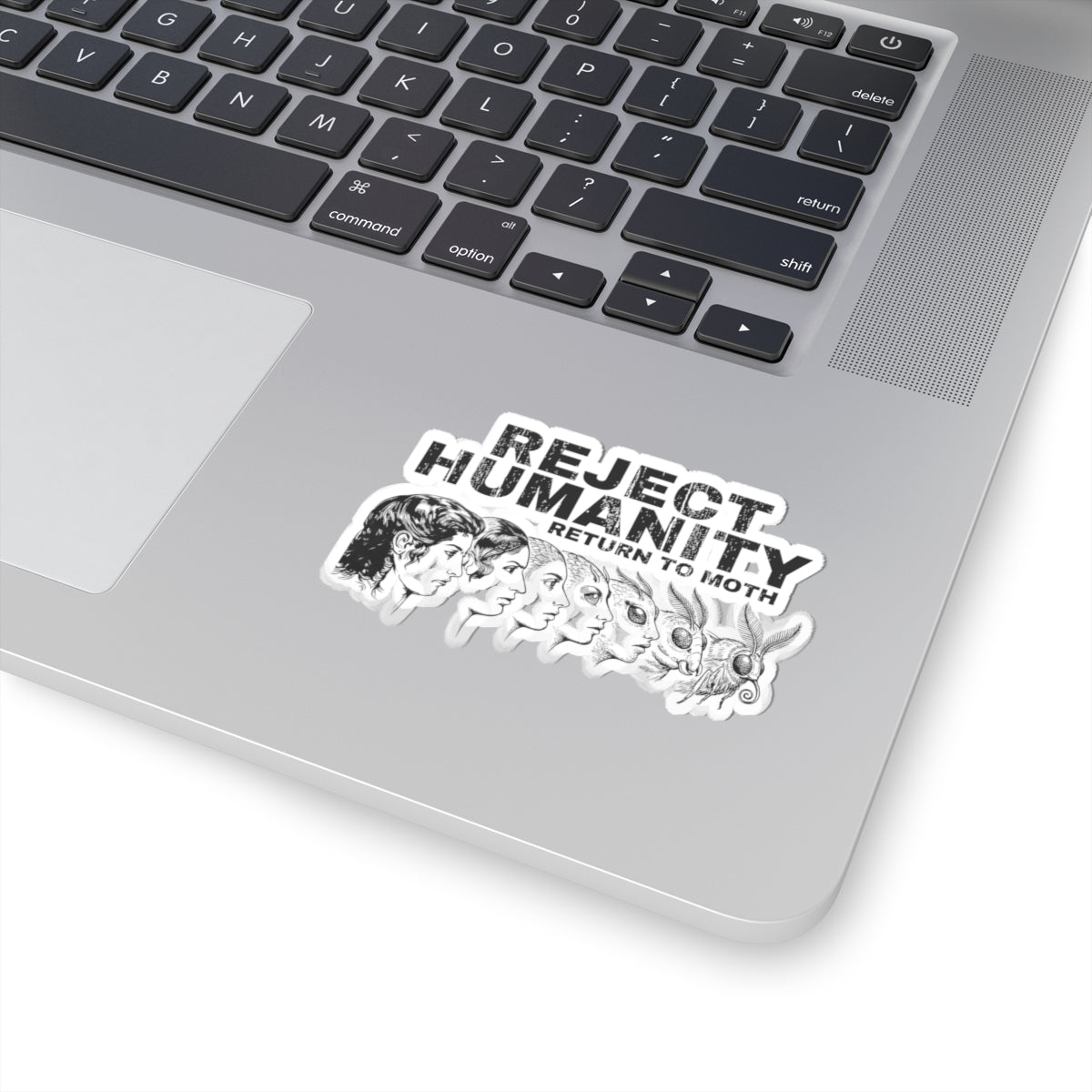 Laptop with a reject humanity return to moth meme sticker on a white background