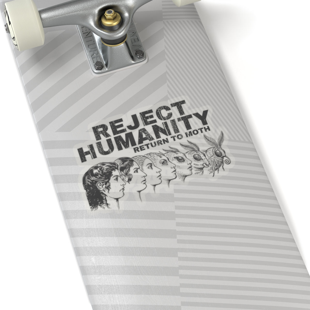 Skateboard deck with reject humanity return to moth sticker on a white background