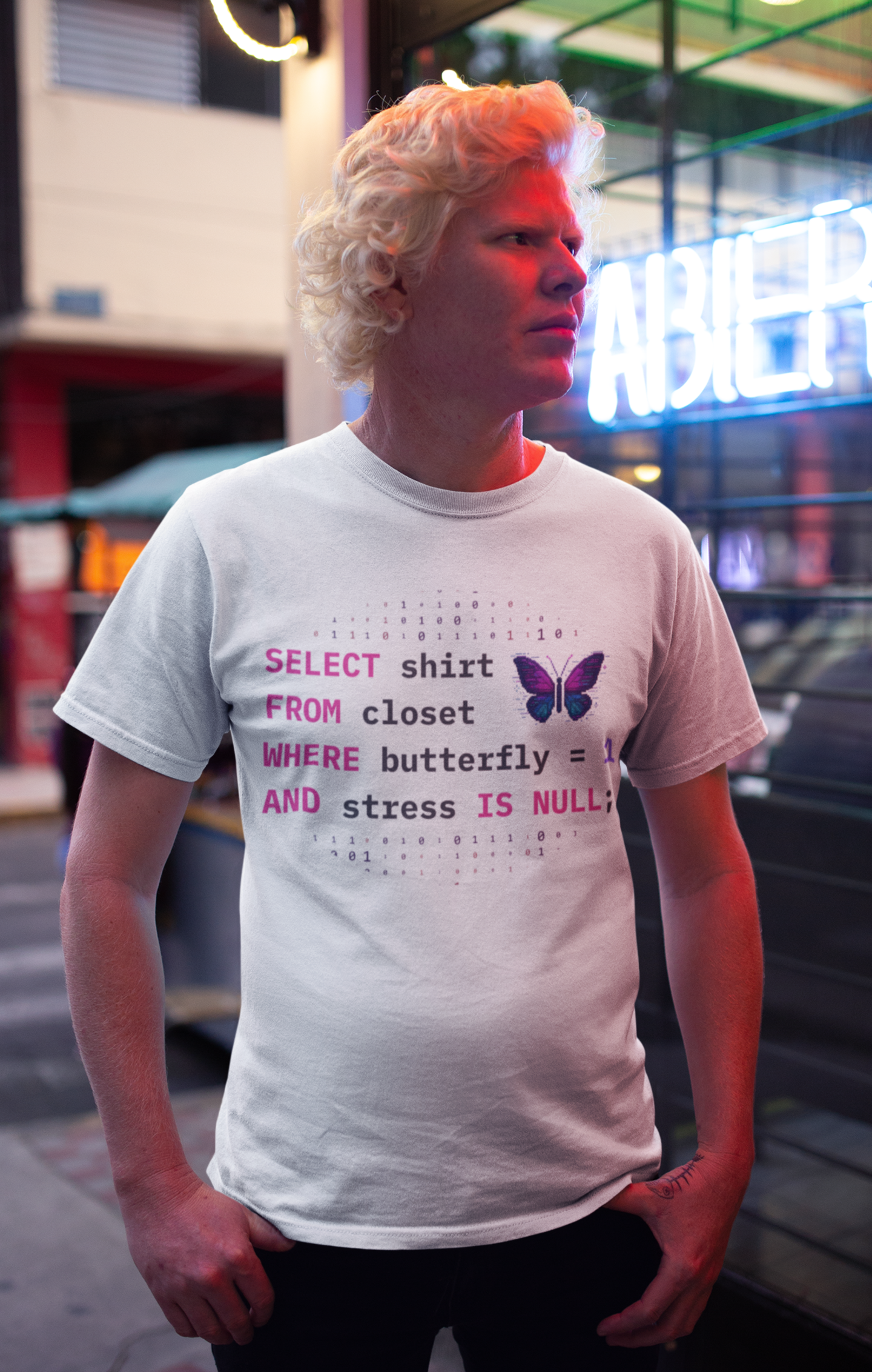 funny coder stress relief t-shirt SQL query style in streetwear look