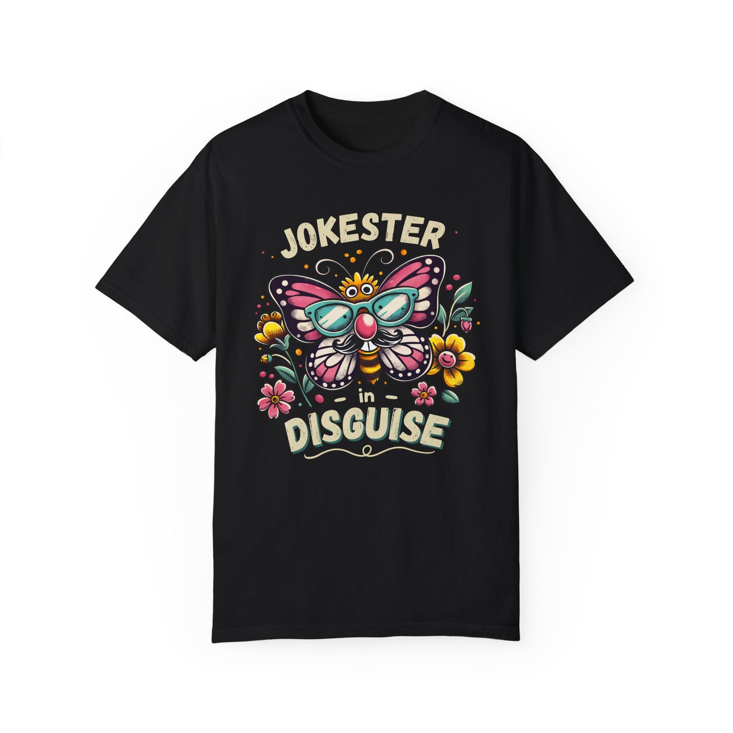 funny eco-friendly black shirt with a large butterfly, colorful flowers and bold text