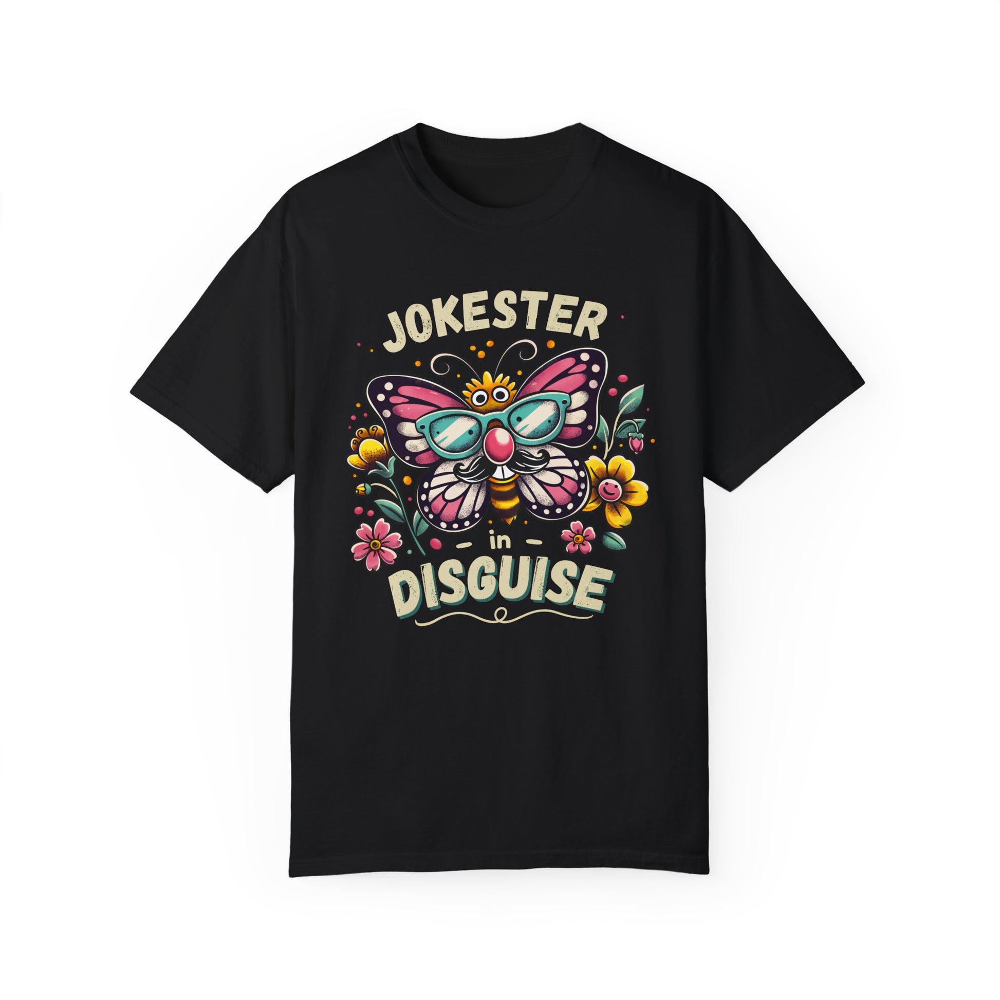 funny eco-friendly black shirt with a large butterfly, colorful flowers and bold text