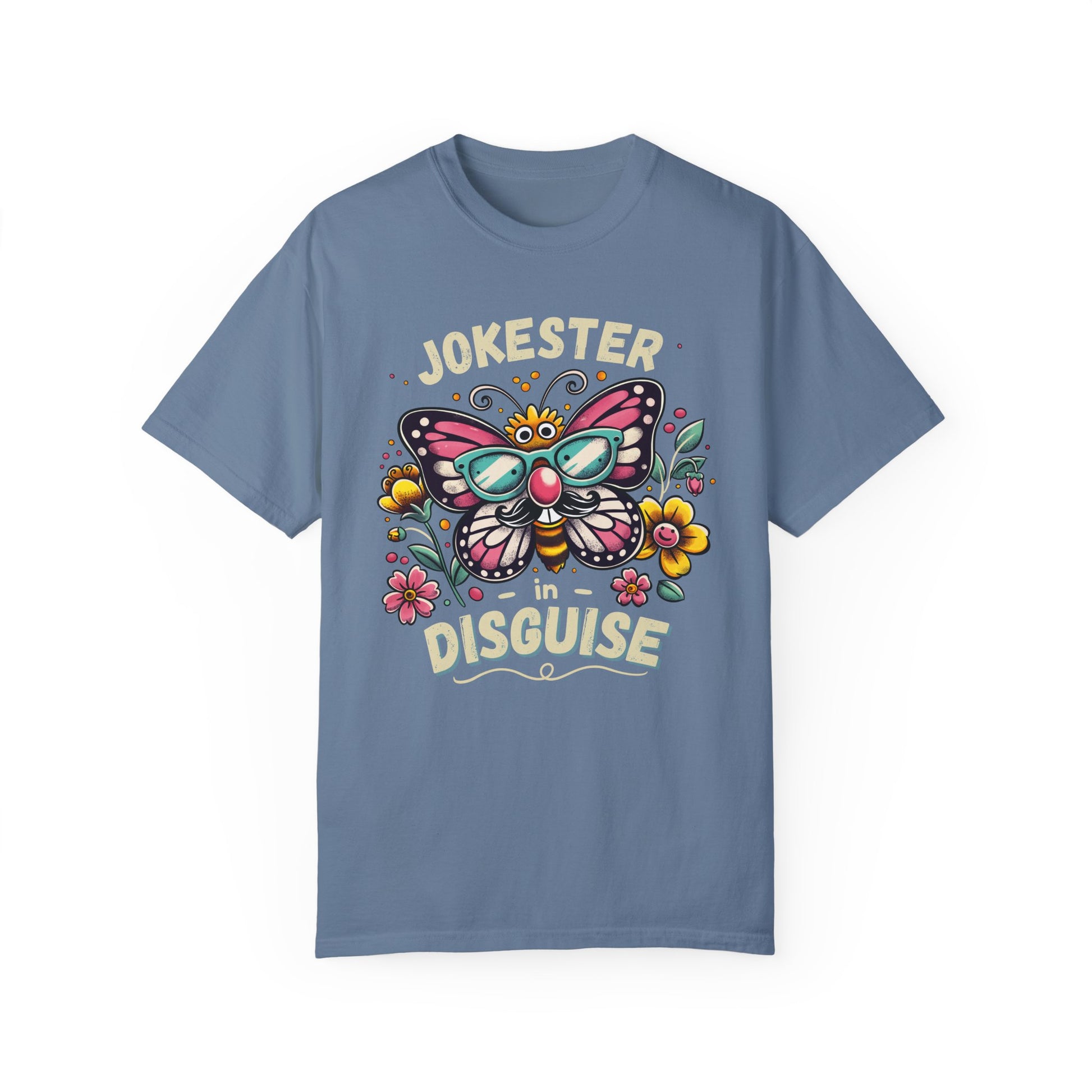 funny eco-friendly blue shirt with a large butterfly, colorful flowers and bold text