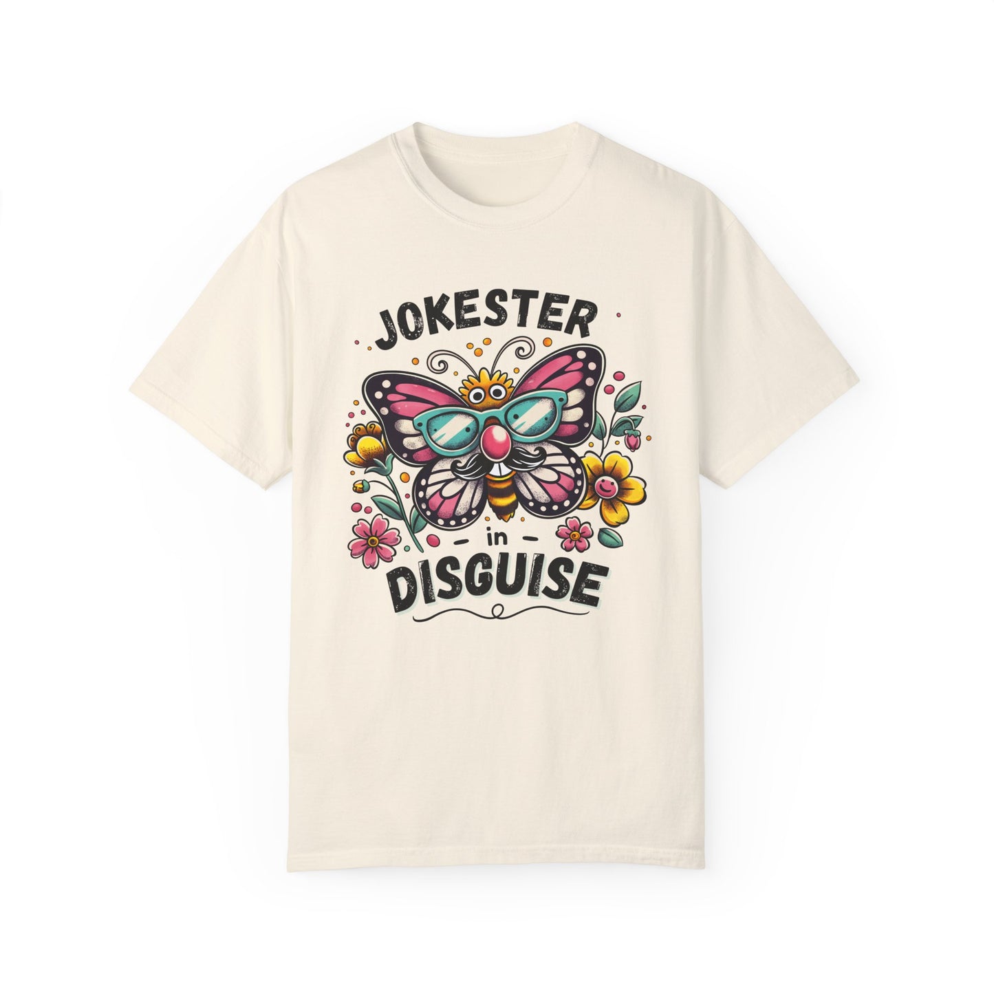 funny eco-friendly ivory shirt with a large butterfly, colorful flowers and bold text