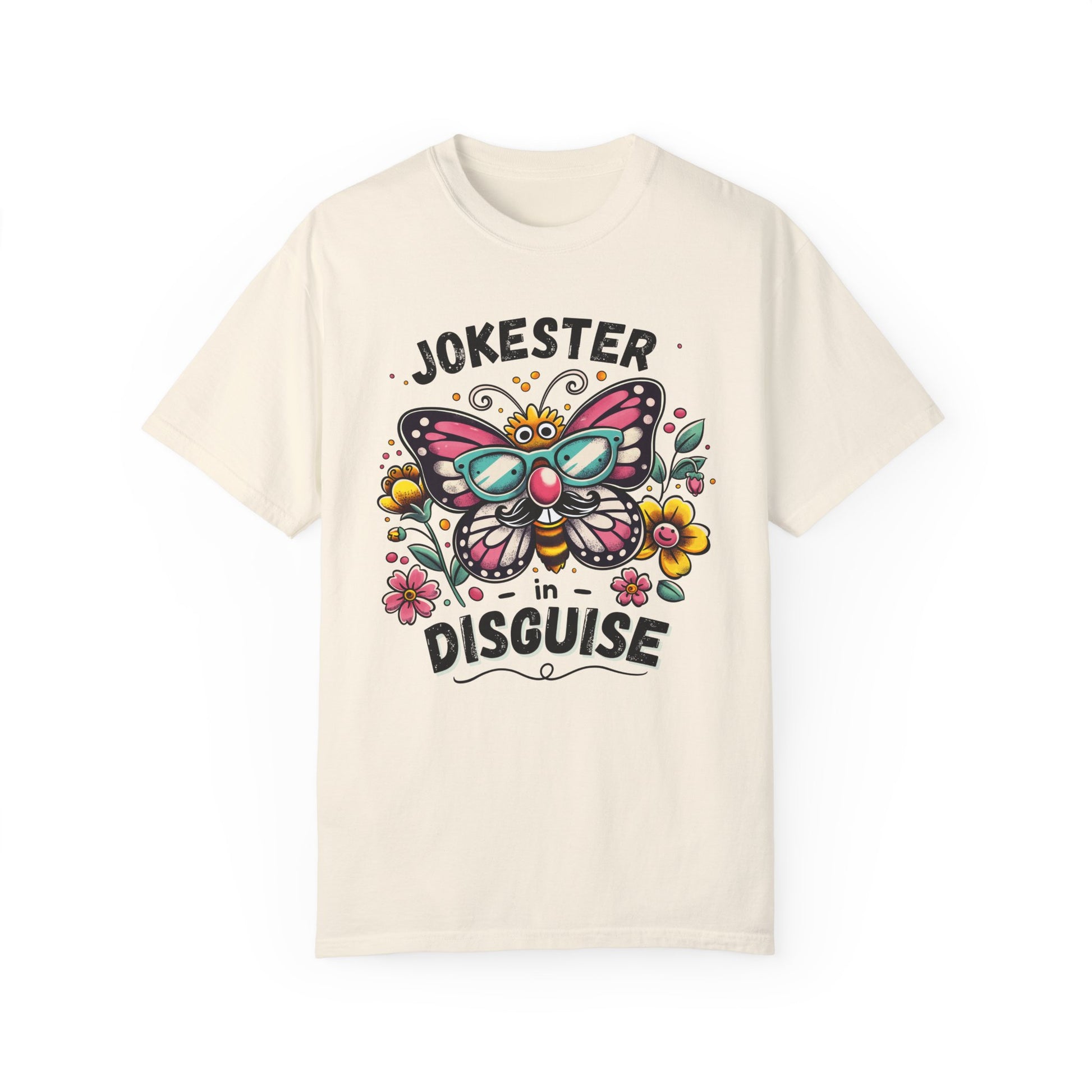 funny eco-friendly ivory shirt with a large butterfly, colorful flowers and bold text