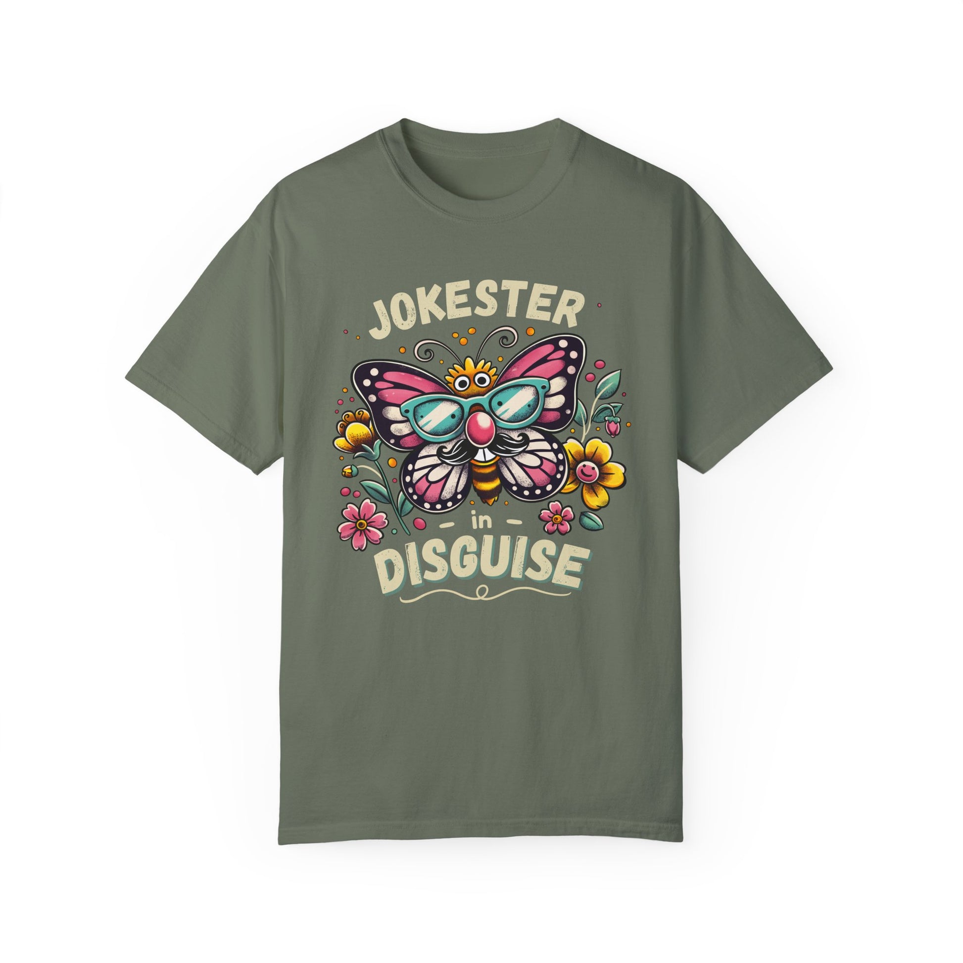 funny eco-friendly moss shirt with a large butterfly, colorful flowers and bold text