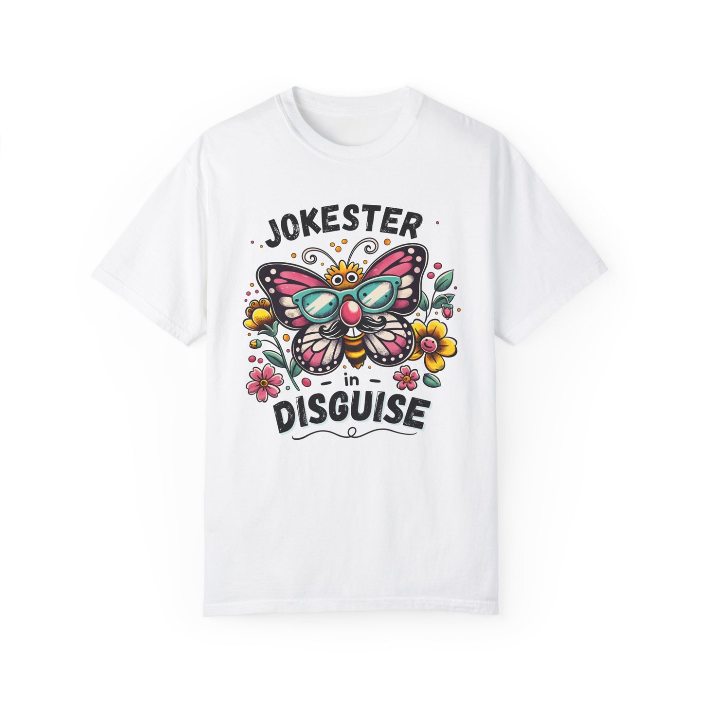 funny eco-friendly white shirt with a large butterfly, colorful flowers and bold text