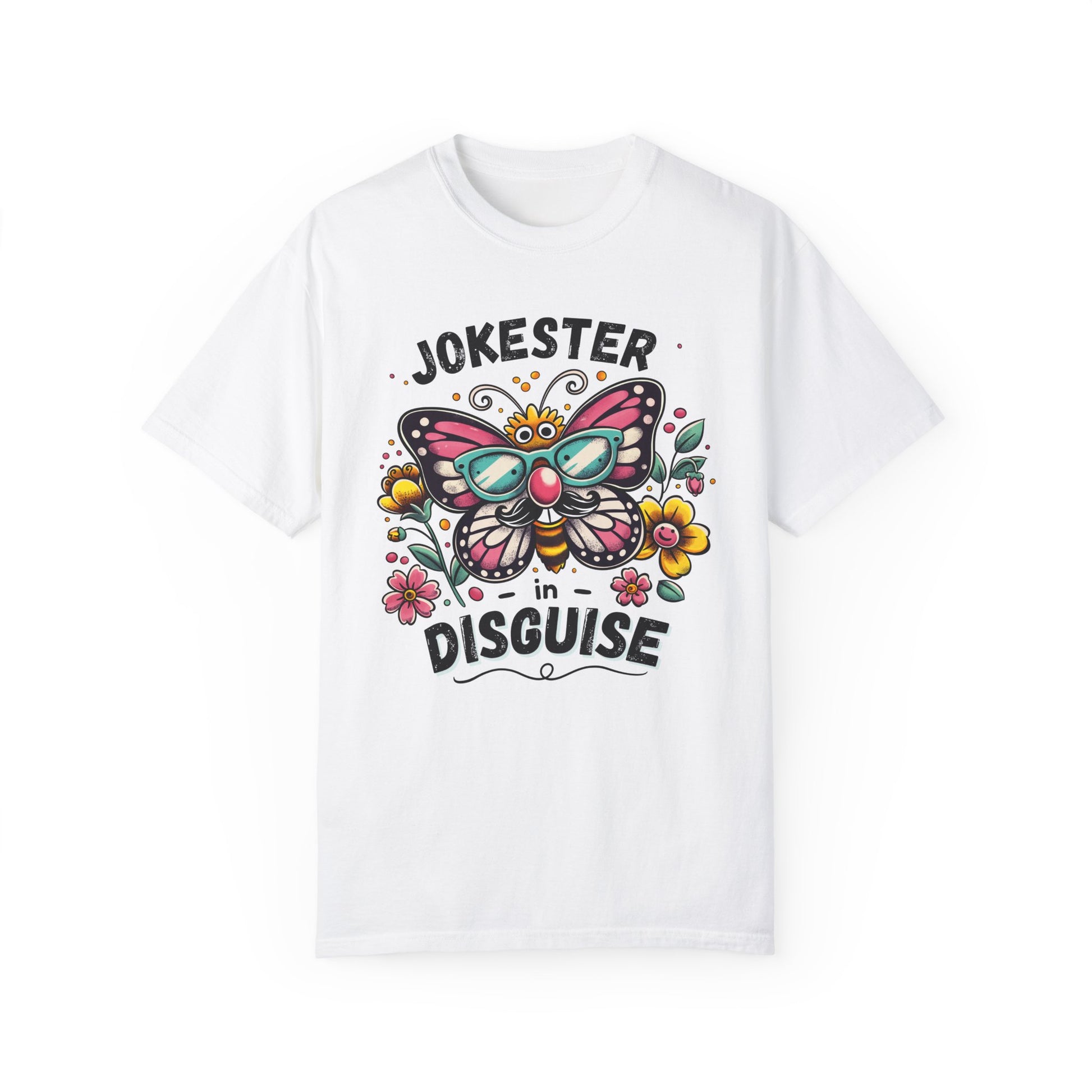 funny eco-friendly white shirt with a large butterfly, colorful flowers and bold text