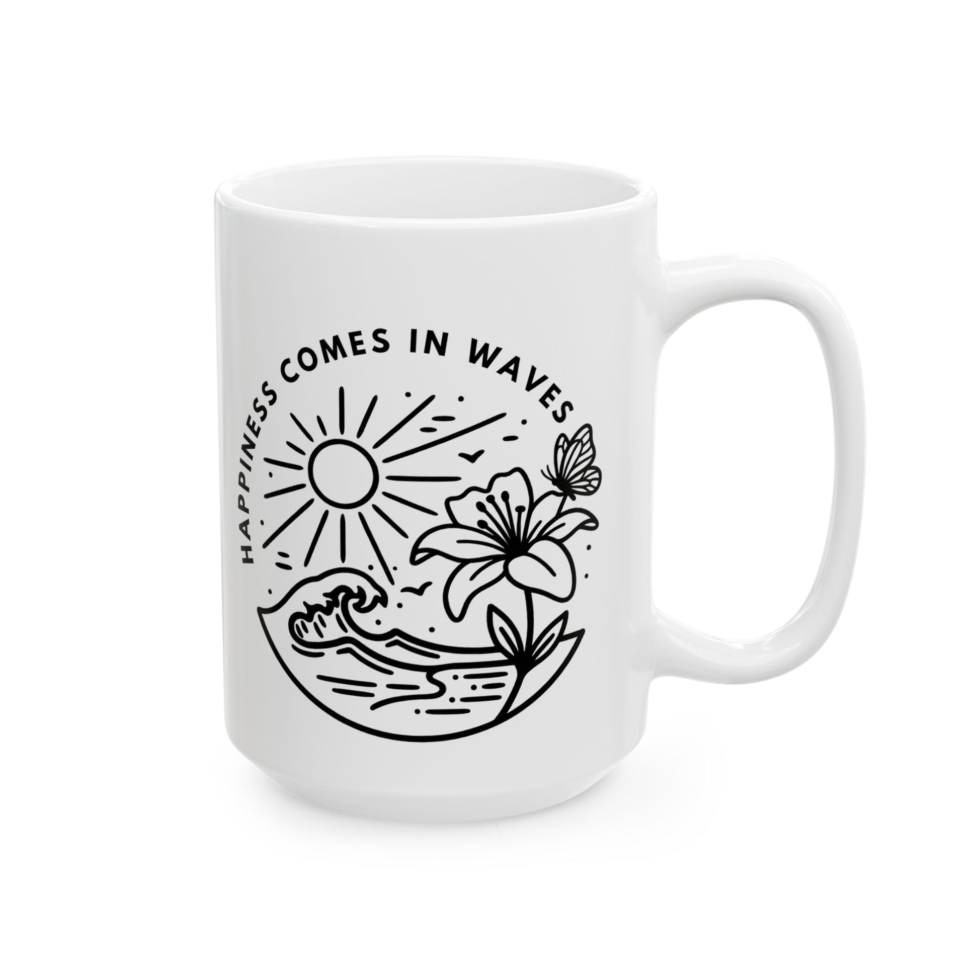 Angled view of white Happiness Comes in Waves beach butterfly 15oz coffee mug with coastal line-art design