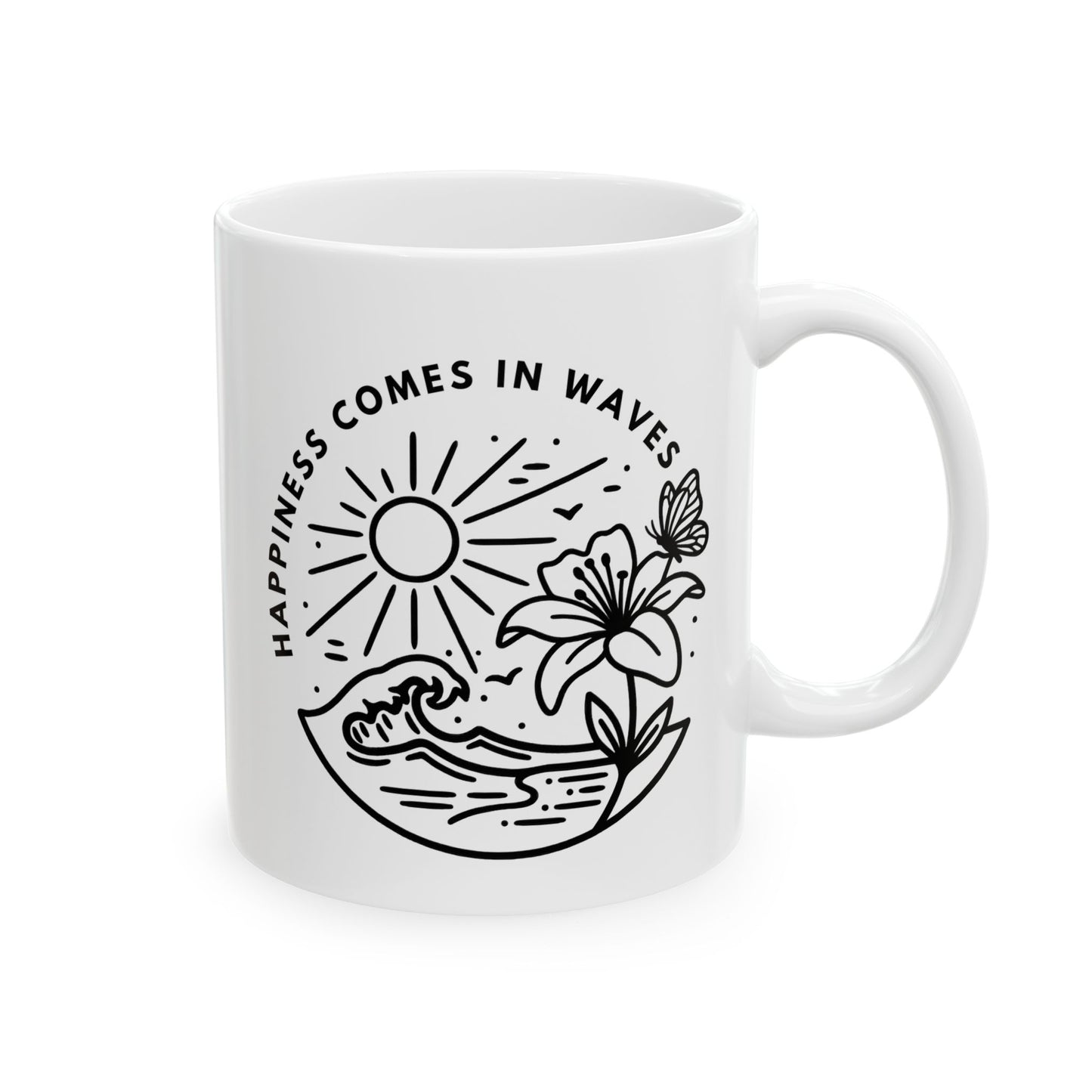 White 11oz ceramic mug with Happiness Comes in Waves beach butterfly design featuring ocean waves, sunshine, flower, and butterfly
