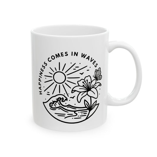 White 11oz ceramic mug with Happiness Comes in Waves beach butterfly design featuring ocean waves, sunshine, flower, and butterfly