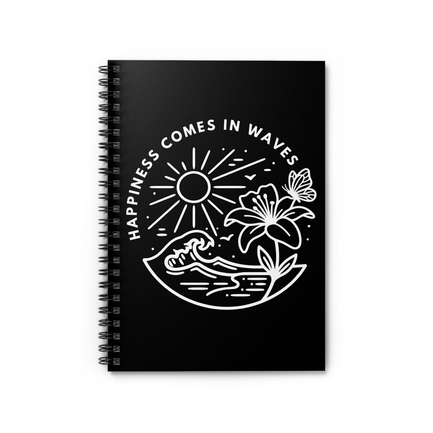 Black spiral notebook with Happiness Comes in Waves beach butterfly design featuring ocean waves, sunshine, flower, and butterfly