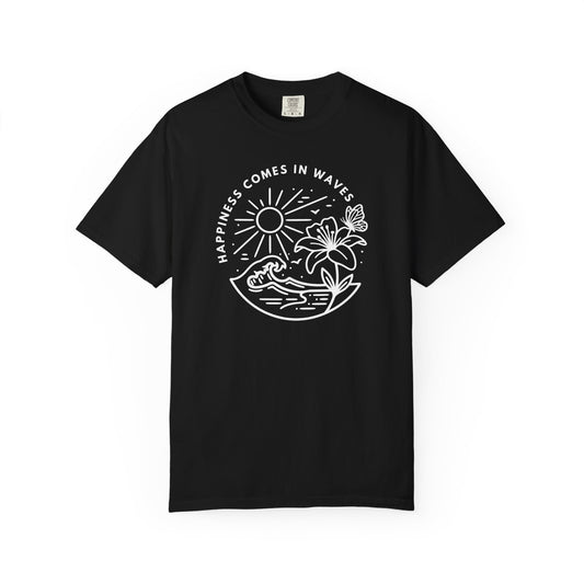 Black unisex t-shirt with Happiness Comes in Waves beach butterfly graphic featuring ocean waves, sun, flower, and butterfly