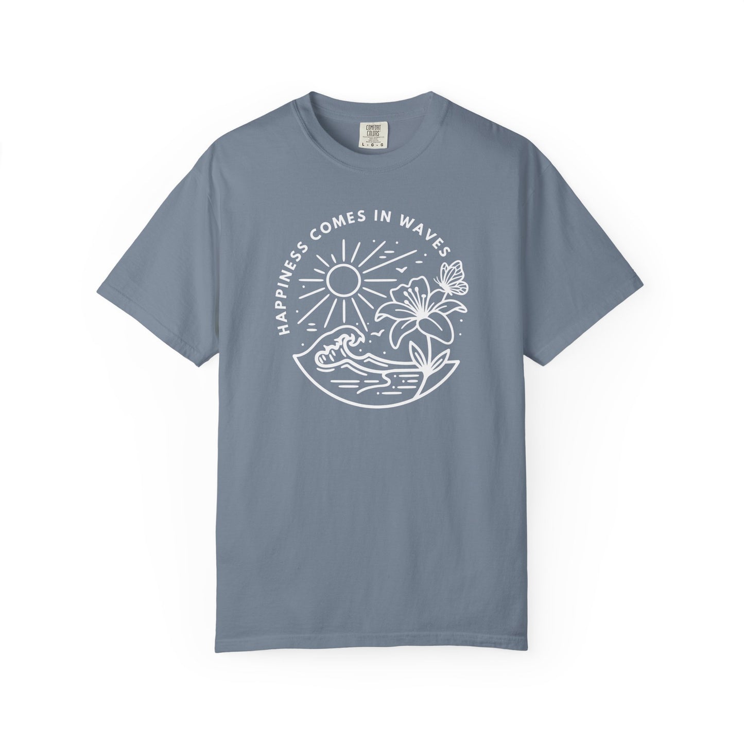 Blue unisex t-shirt with Happiness Comes in Waves wave and butterfly beach graphic