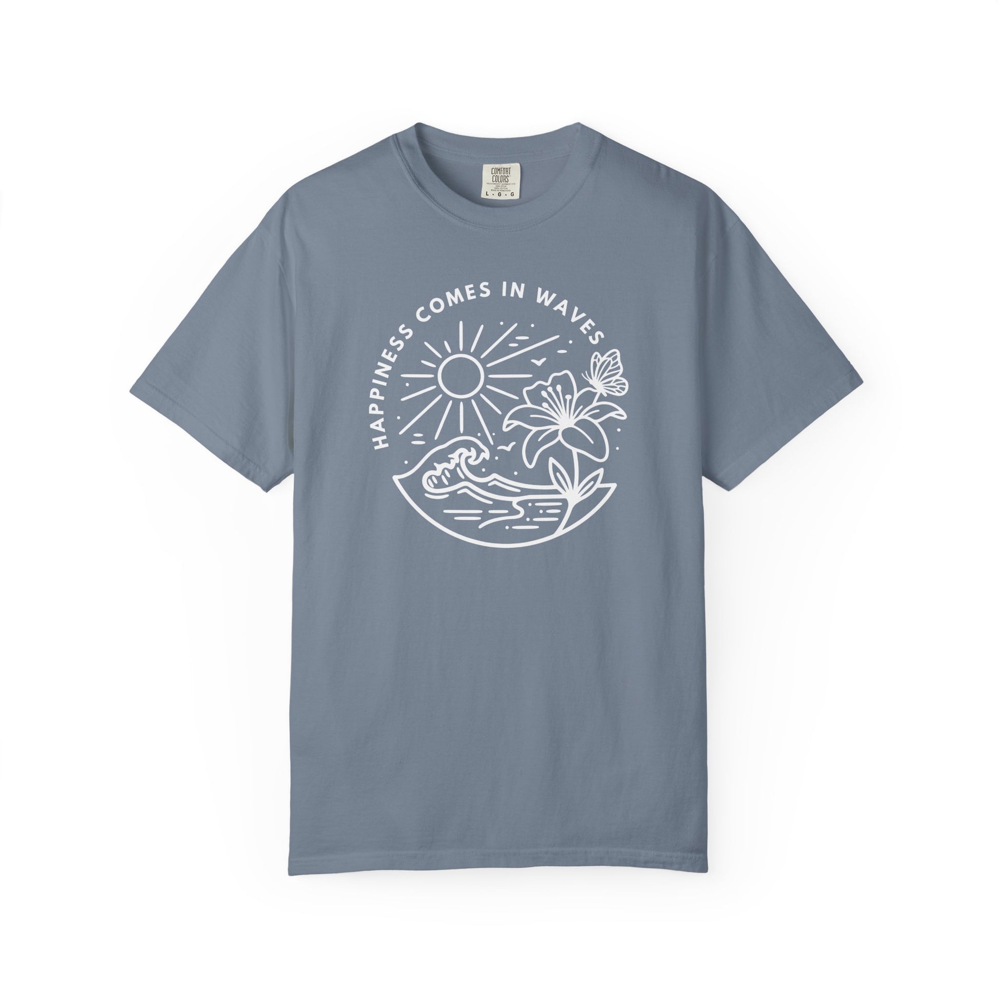 Blue unisex t-shirt with Happiness Comes in Waves wave and butterfly beach graphic