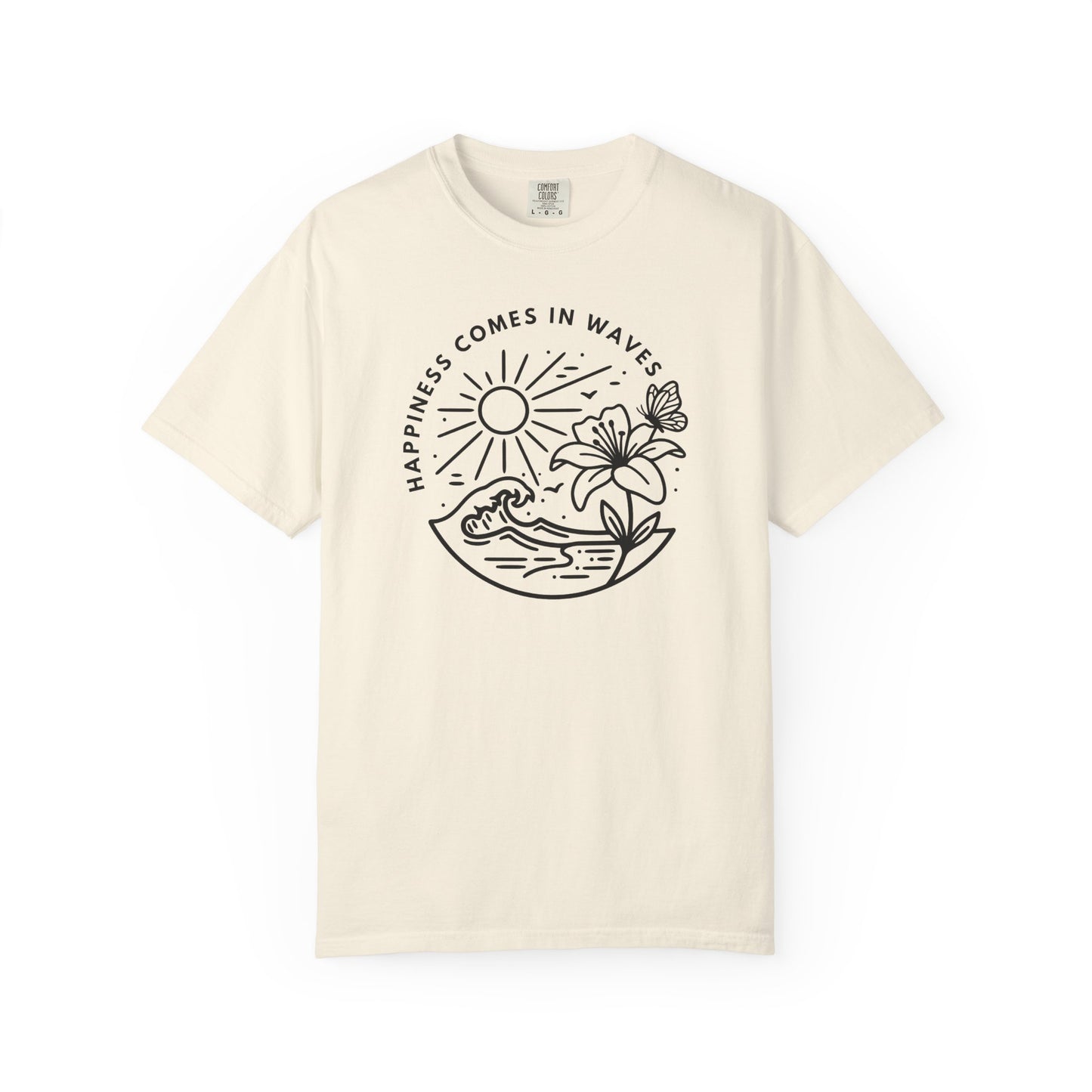 Cream unisex t-shirt with Happiness Comes in Waves coastal butterfly and wave graphic