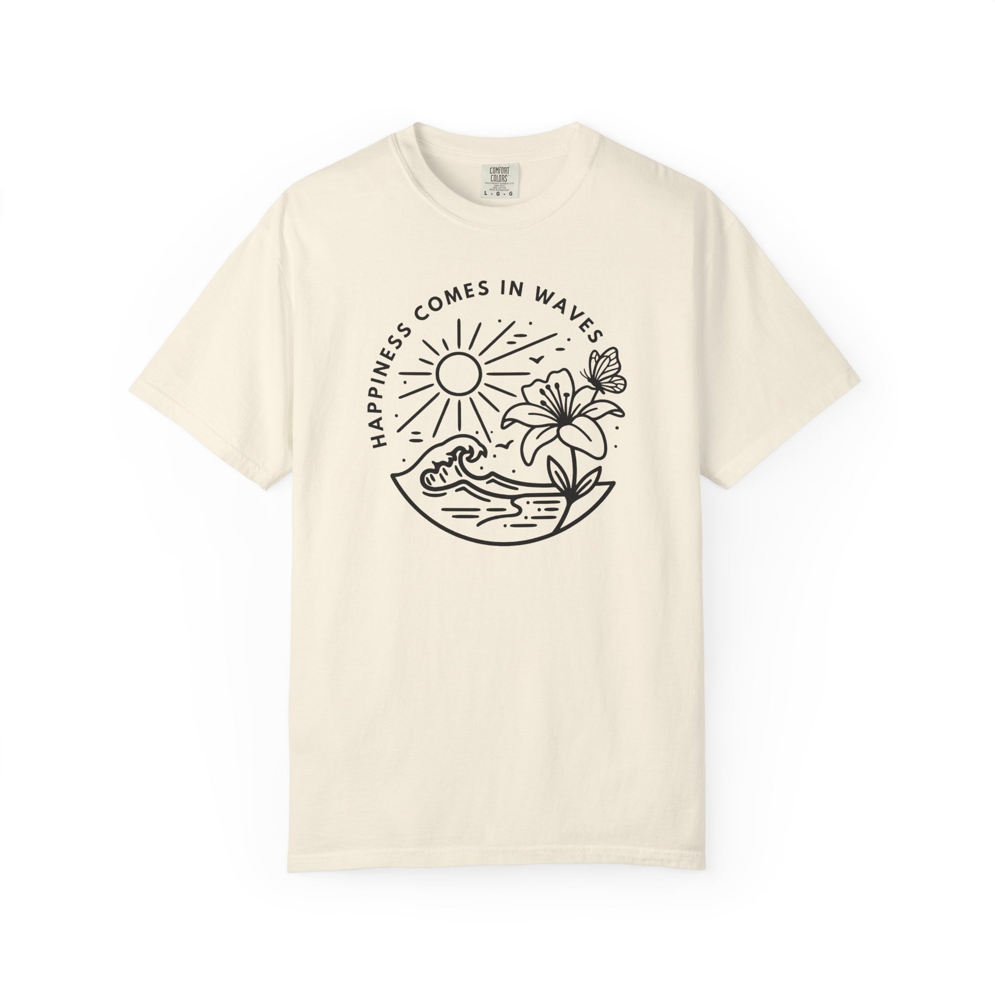 Cream unisex t-shirt with Happiness Comes in Waves coastal butterfly and wave graphic