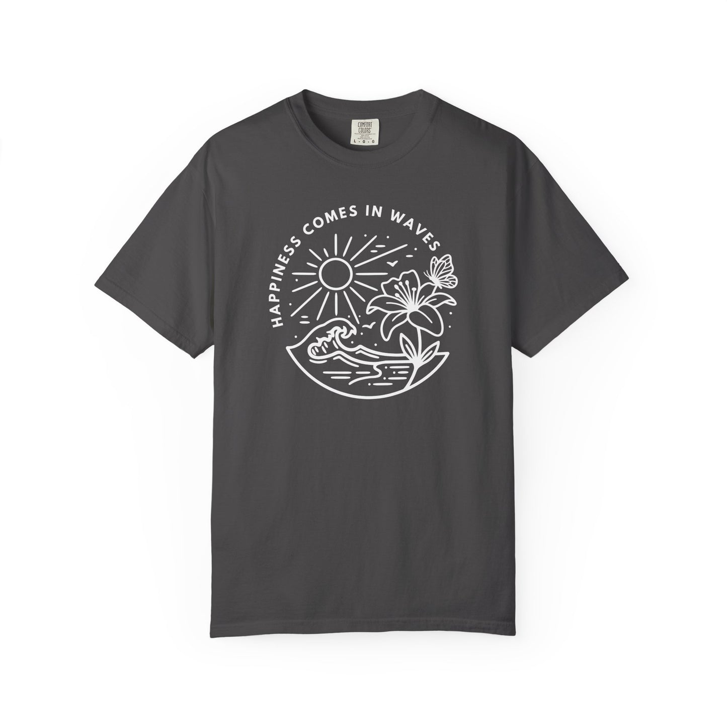 Gray Happiness Comes in Waves beach butterfly graphic t-shirt flat product image