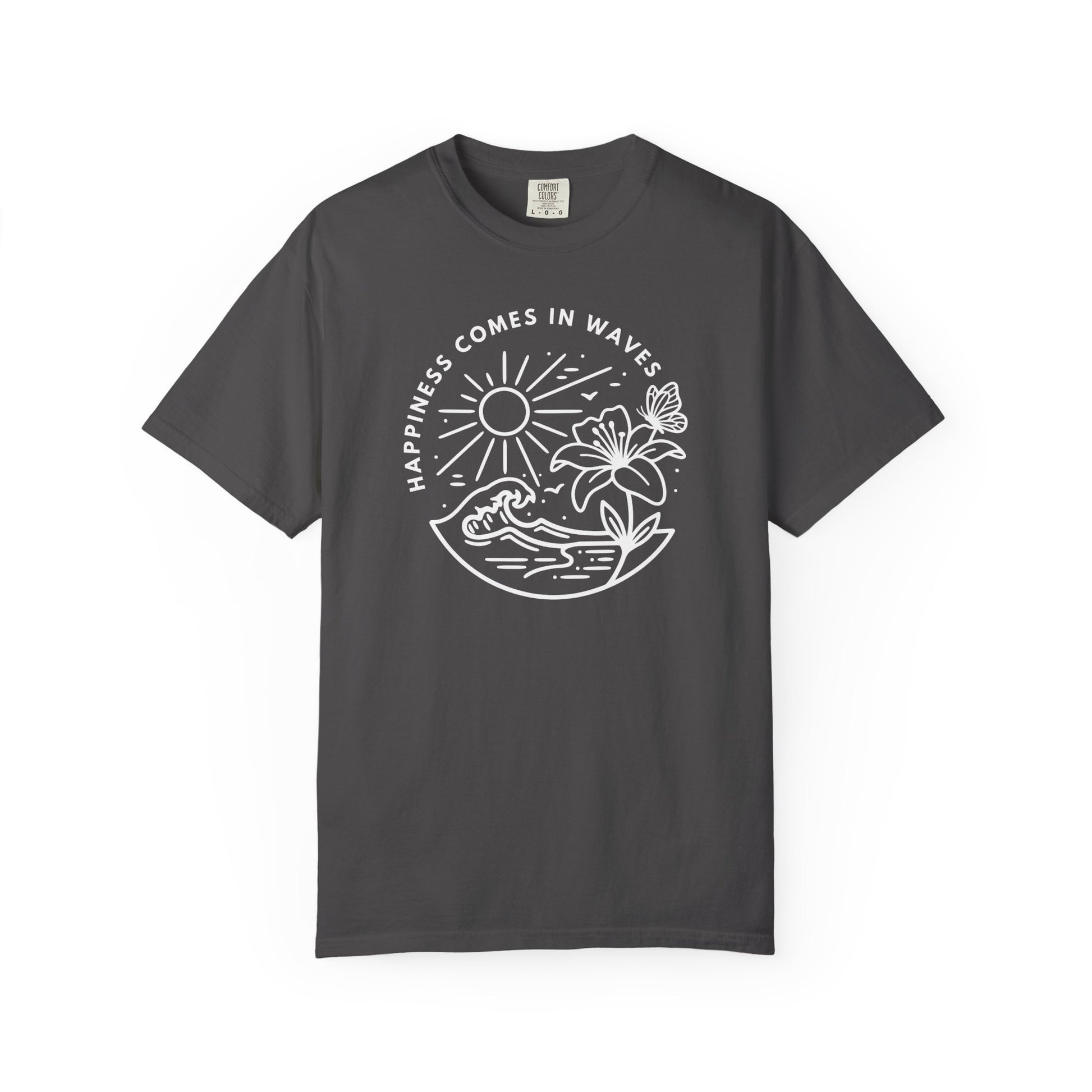 Gray Happiness Comes in Waves beach butterfly graphic t-shirt flat product image