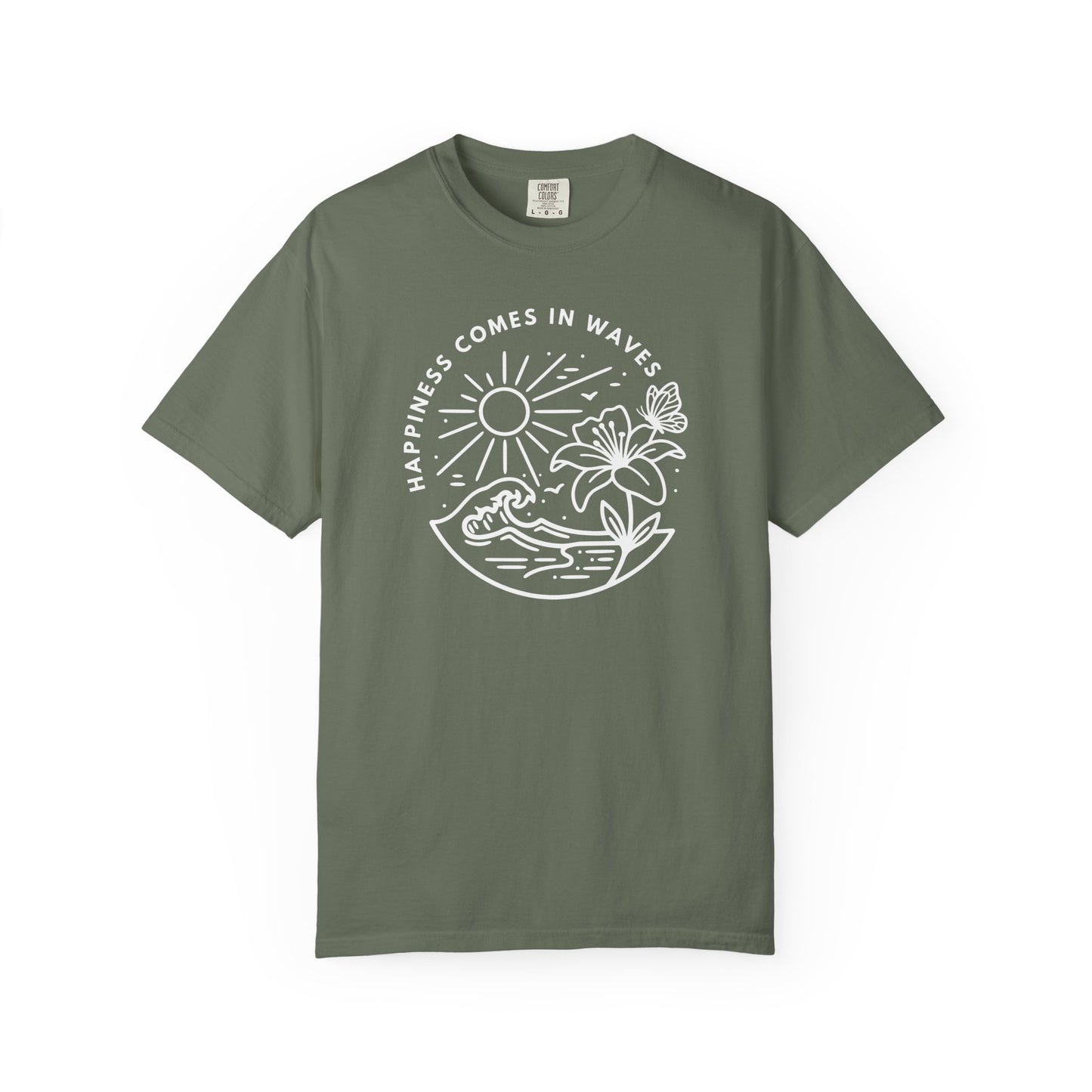 Green unisex t-shirt with Happiness Comes in Waves ocean butterfly summer design
