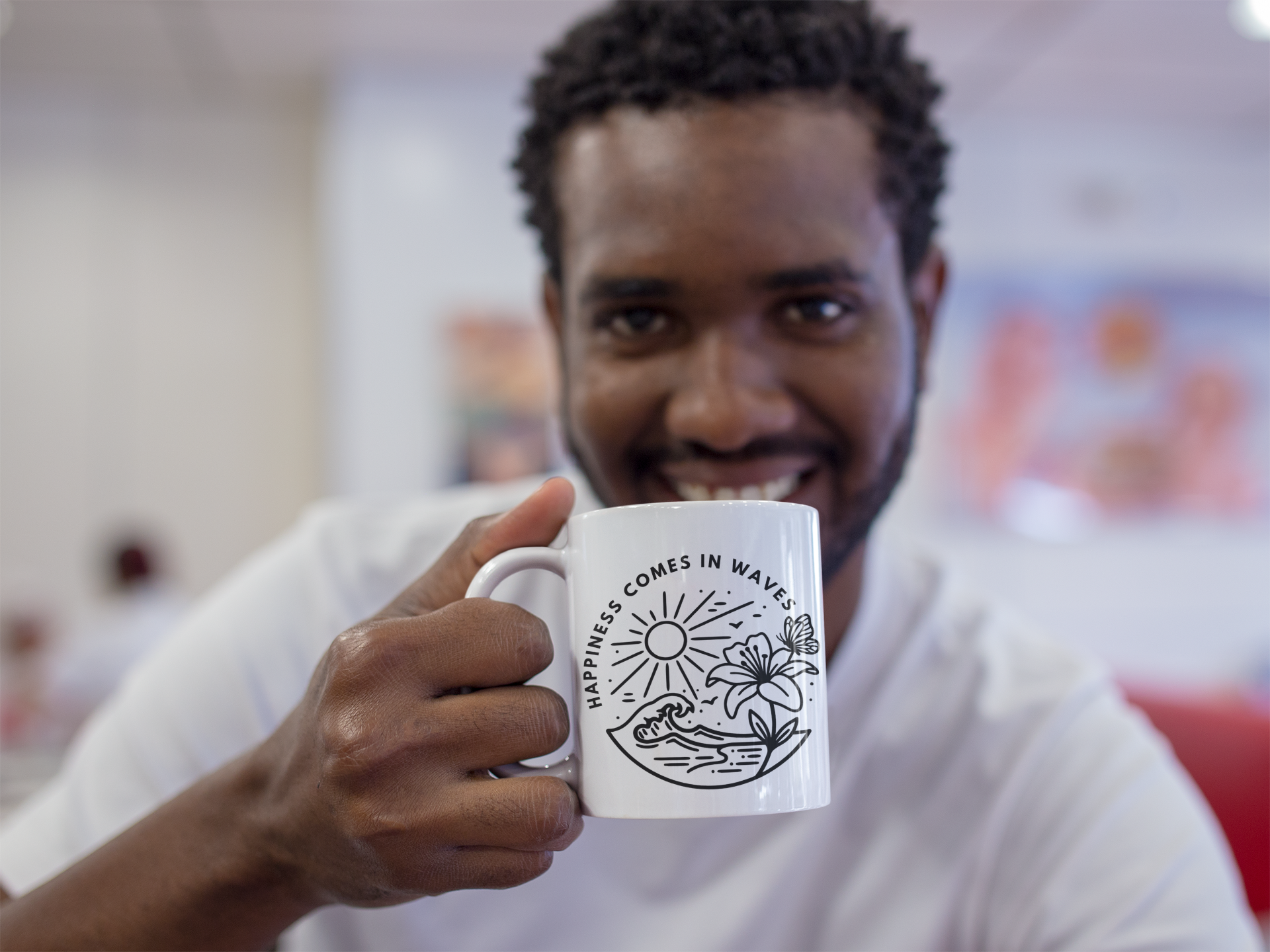 Happiness Comes in Waves glossy white ceramic mug shown with smiling man in lifestyle photo