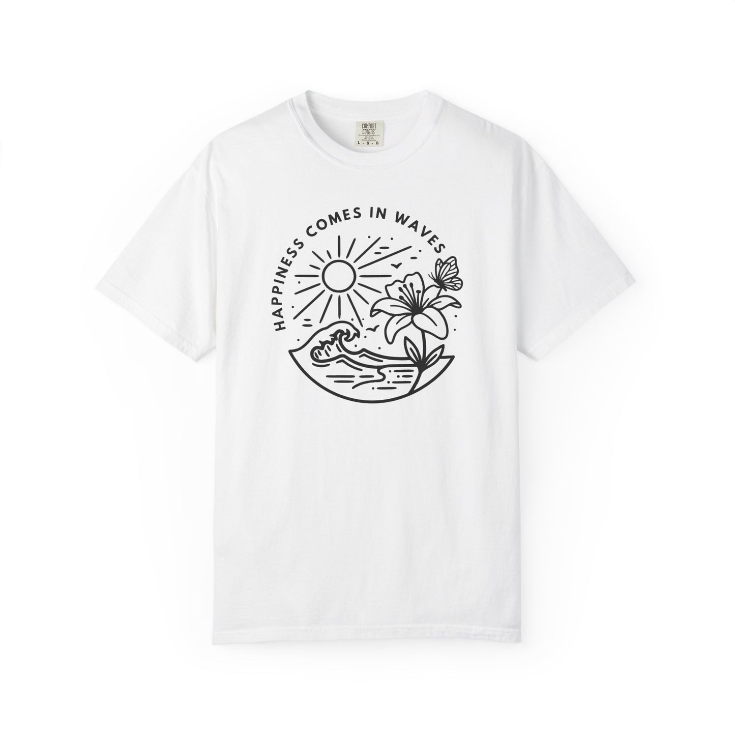 White unisex t-shirt with Happiness Comes in Waves ocean wave butterfly line-art design
