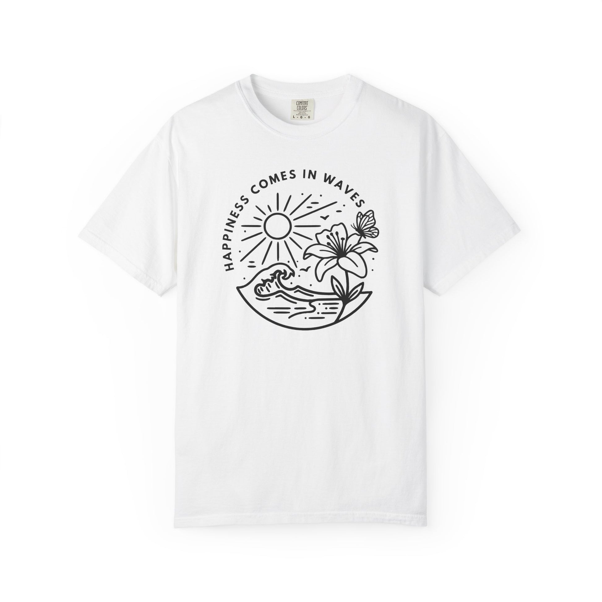 White unisex t-shirt with Happiness Comes in Waves ocean wave butterfly line-art design