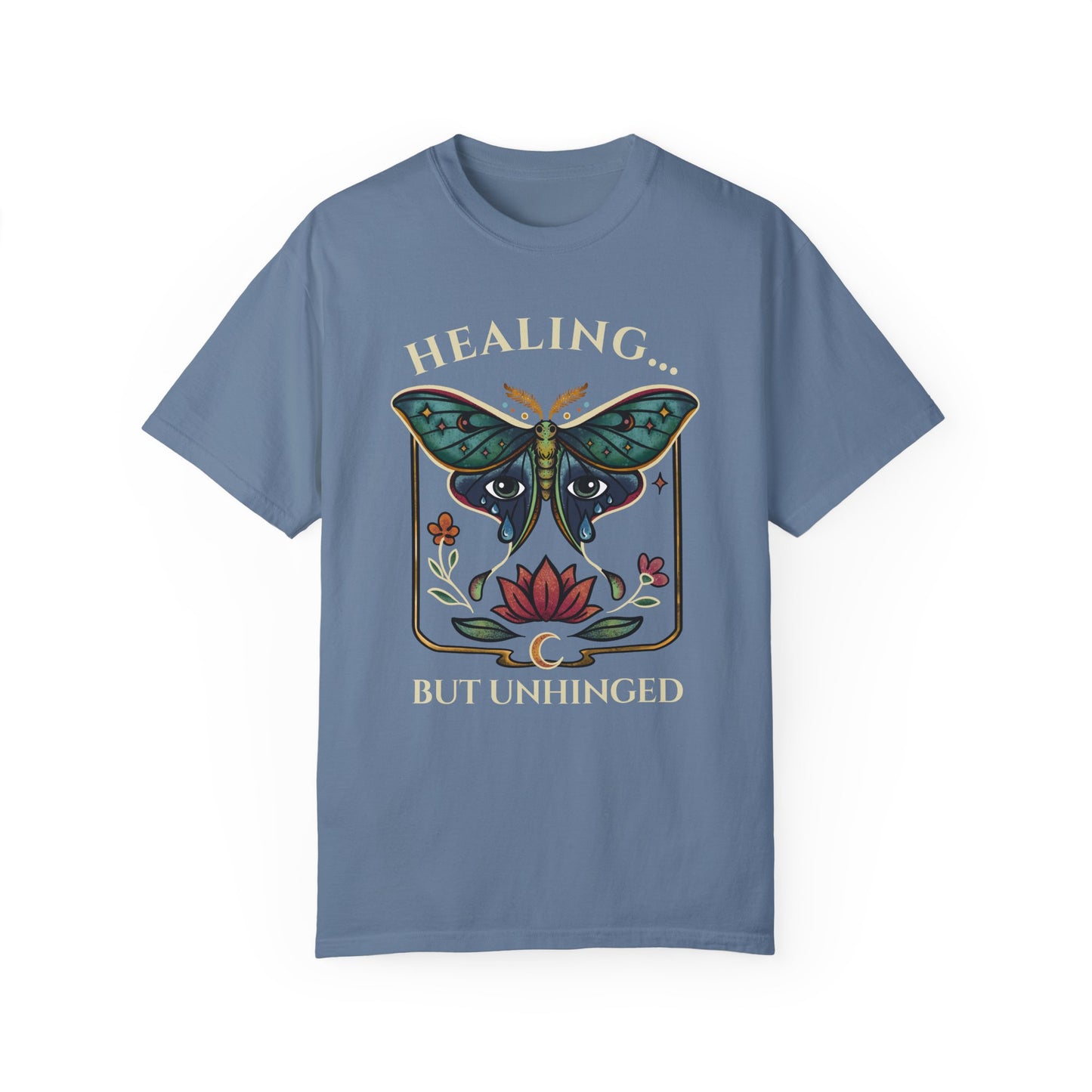 luna moth self-care blue shirt with an actias moth, floral design and emotional healing message