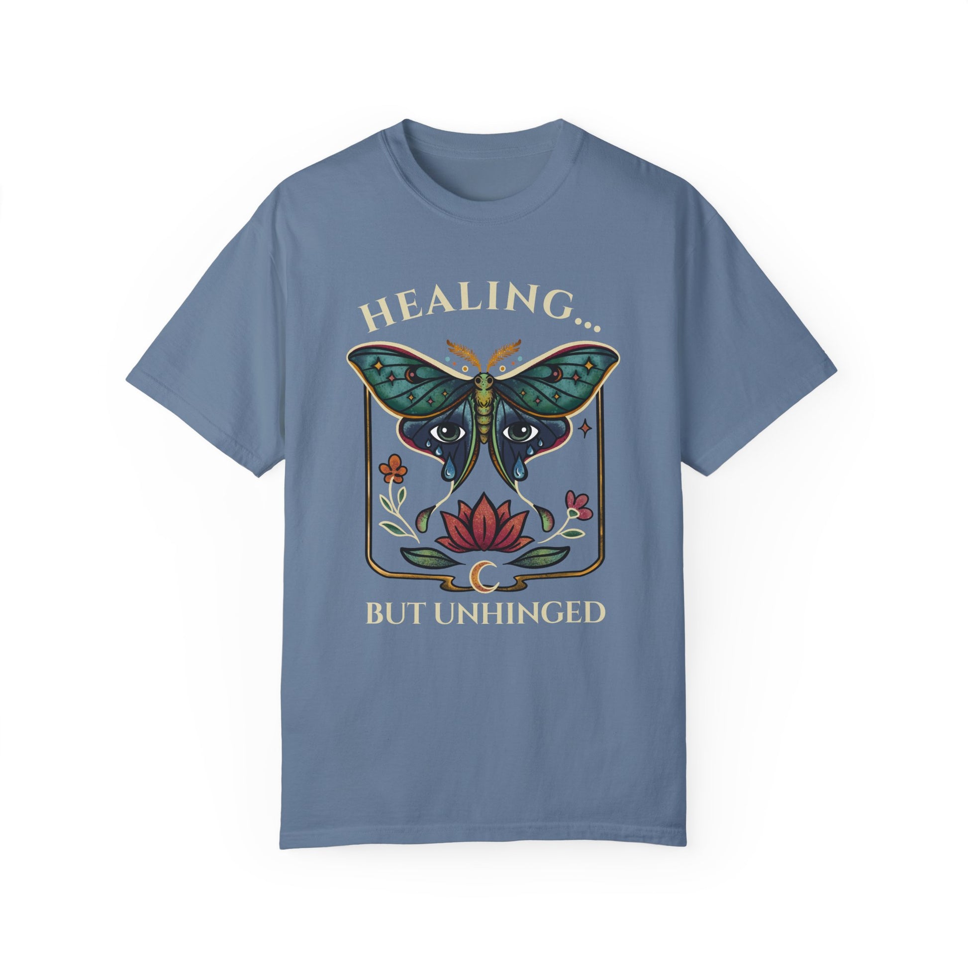 luna moth self-care blue shirt with an actias moth, floral design and emotional healing message