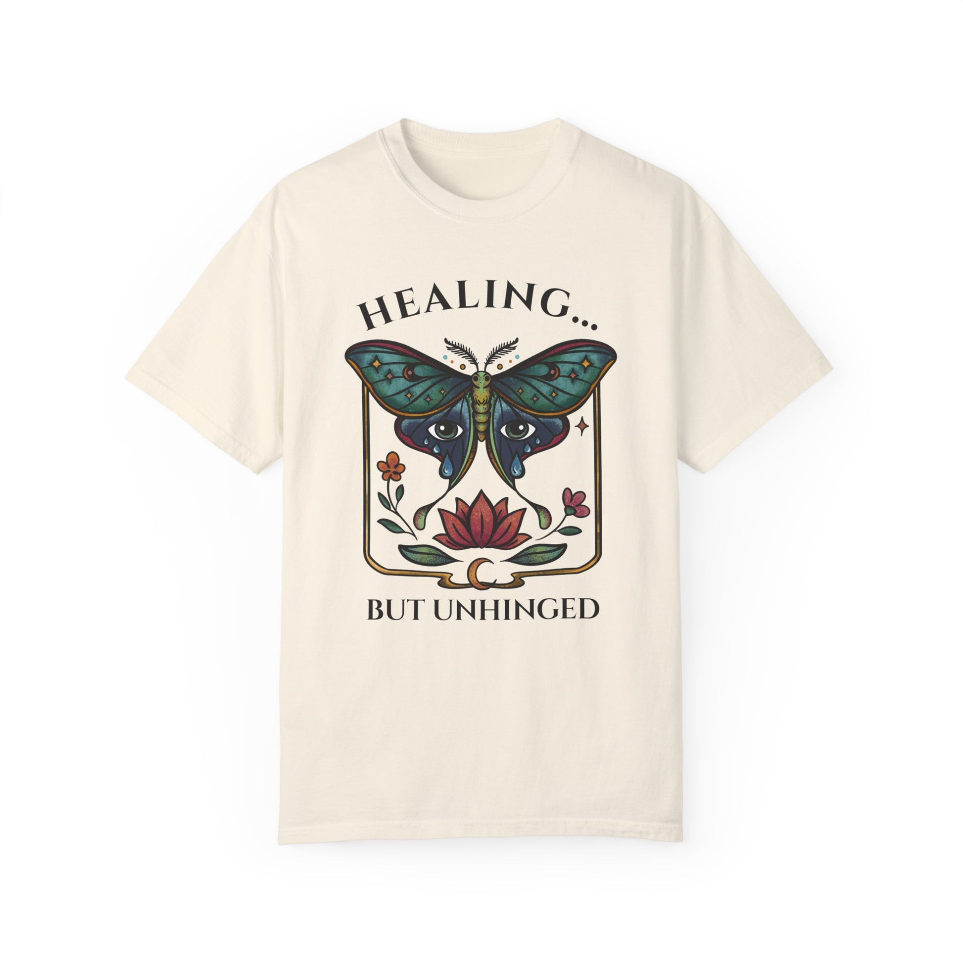 luna moth self-care cream shirt with an actias moth, floral design and emotional healing message