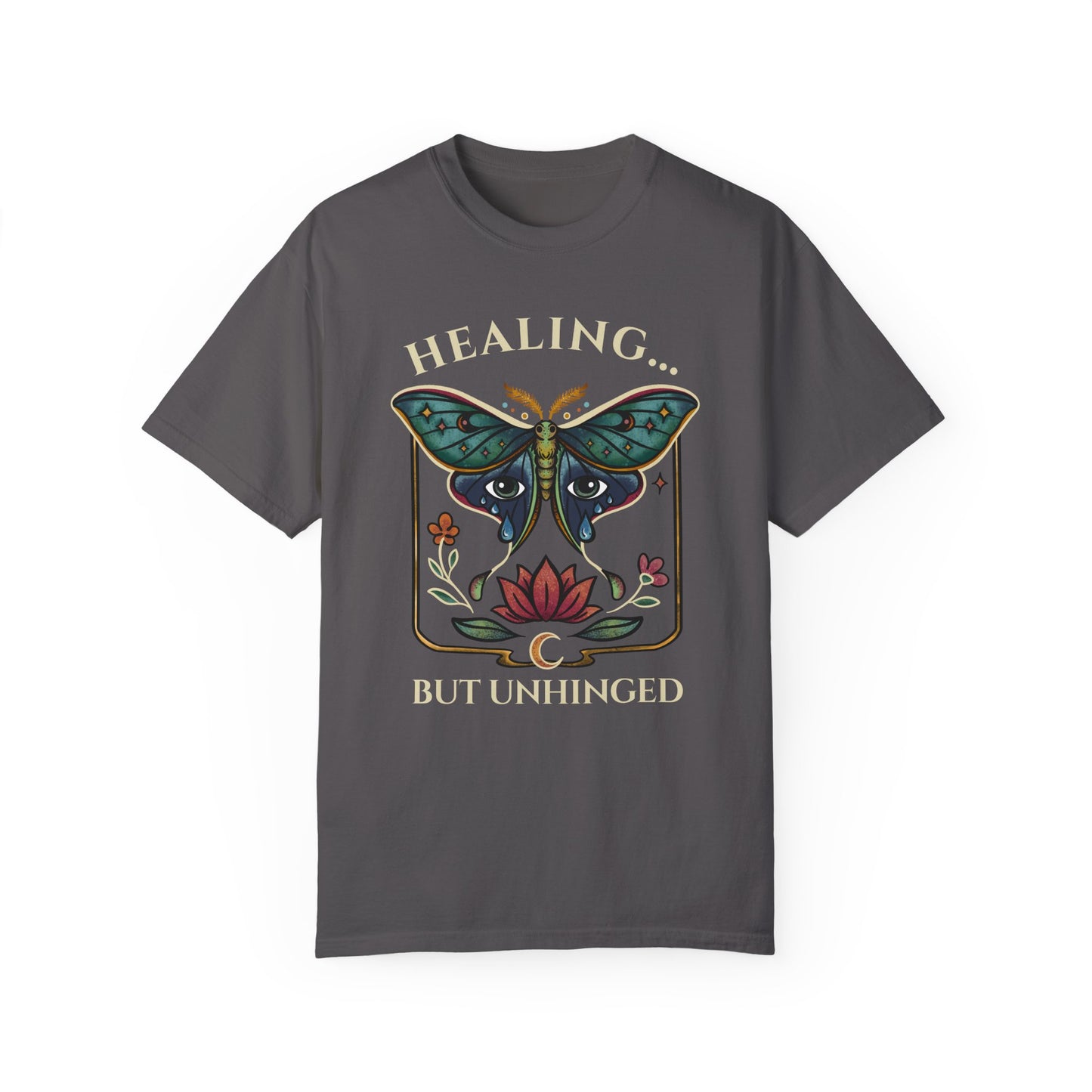 luna moth self-care gray shirt with an actias moth, floral design and emotional healing message