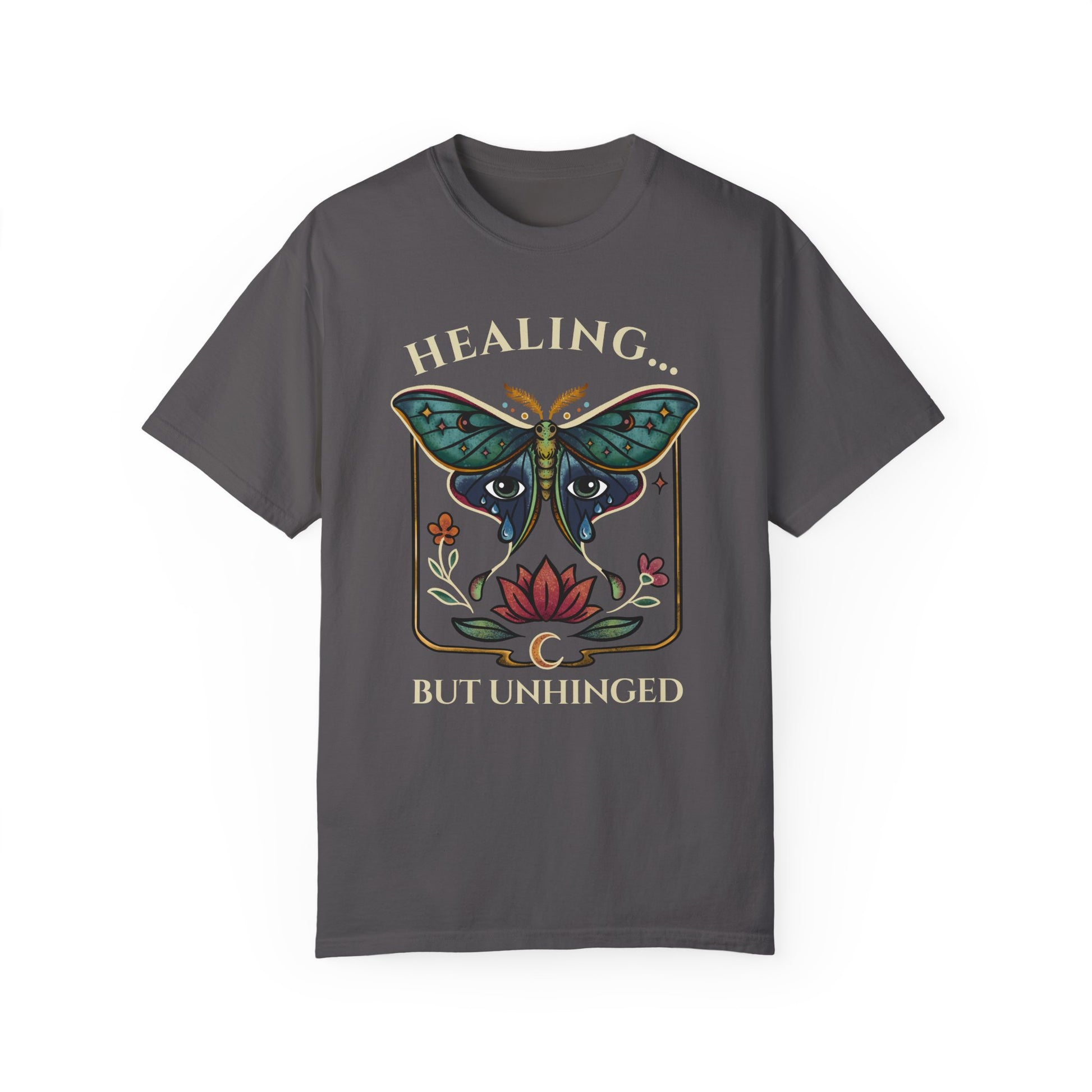 luna moth self-care gray shirt with an actias moth, floral design and emotional healing message
