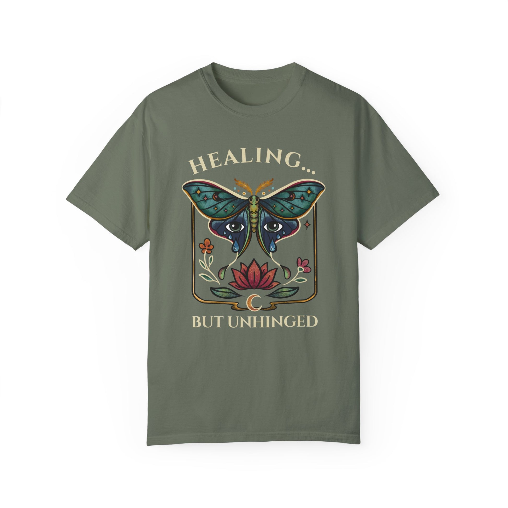 luna moth self-care green shirt with an actias moth, floral design and emotional healing message