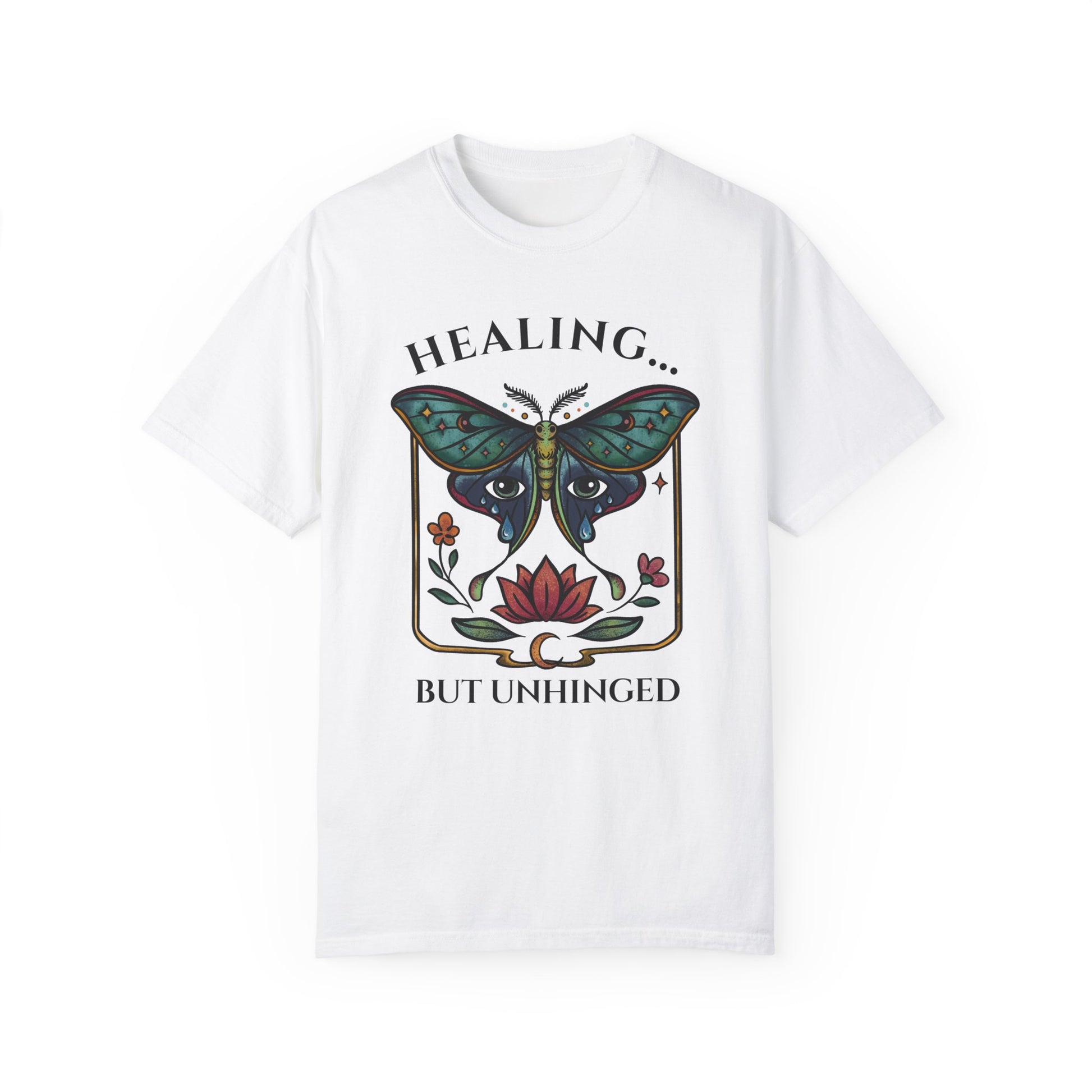 luna moth self-care white shirt with an actias moth, floral design and emotional healing message