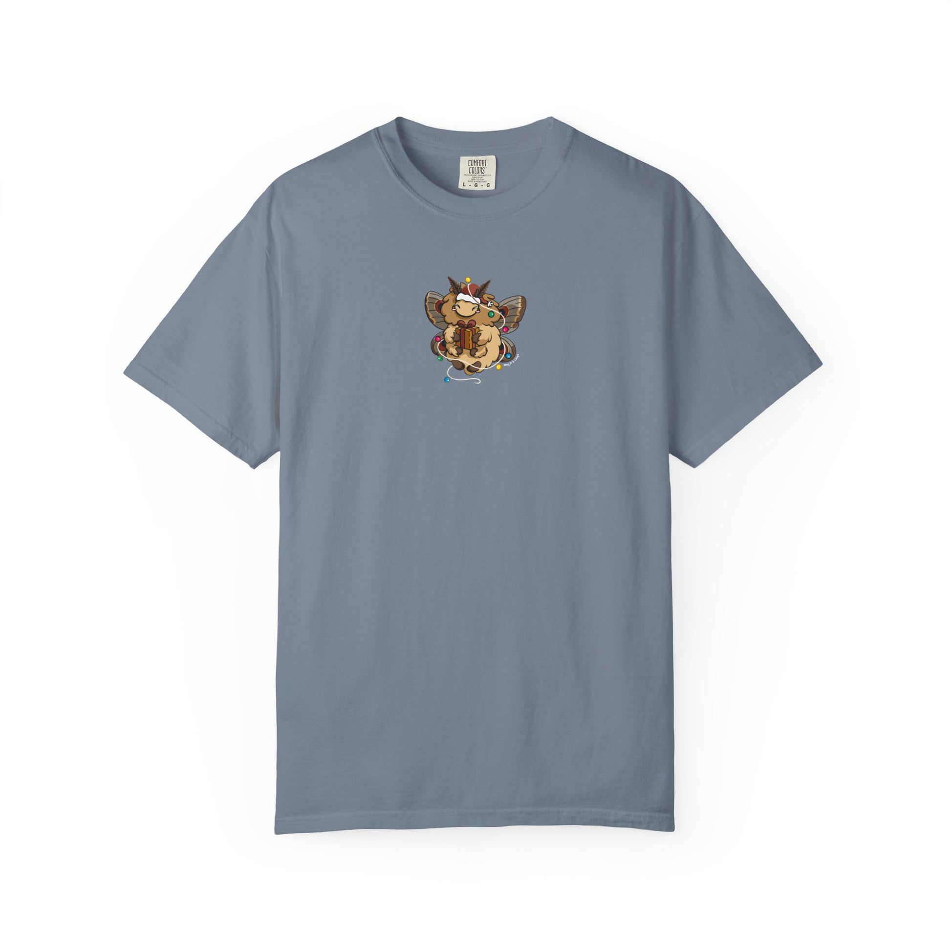 Blue winter holiday moth shirt with bright stars and Christmas lights around a cute moth.