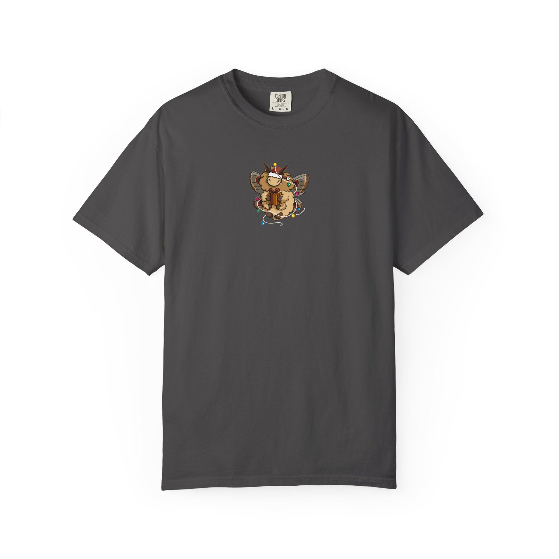 Gray holiday moth Christmas lights tee, cute animals top for seasonal holidays.