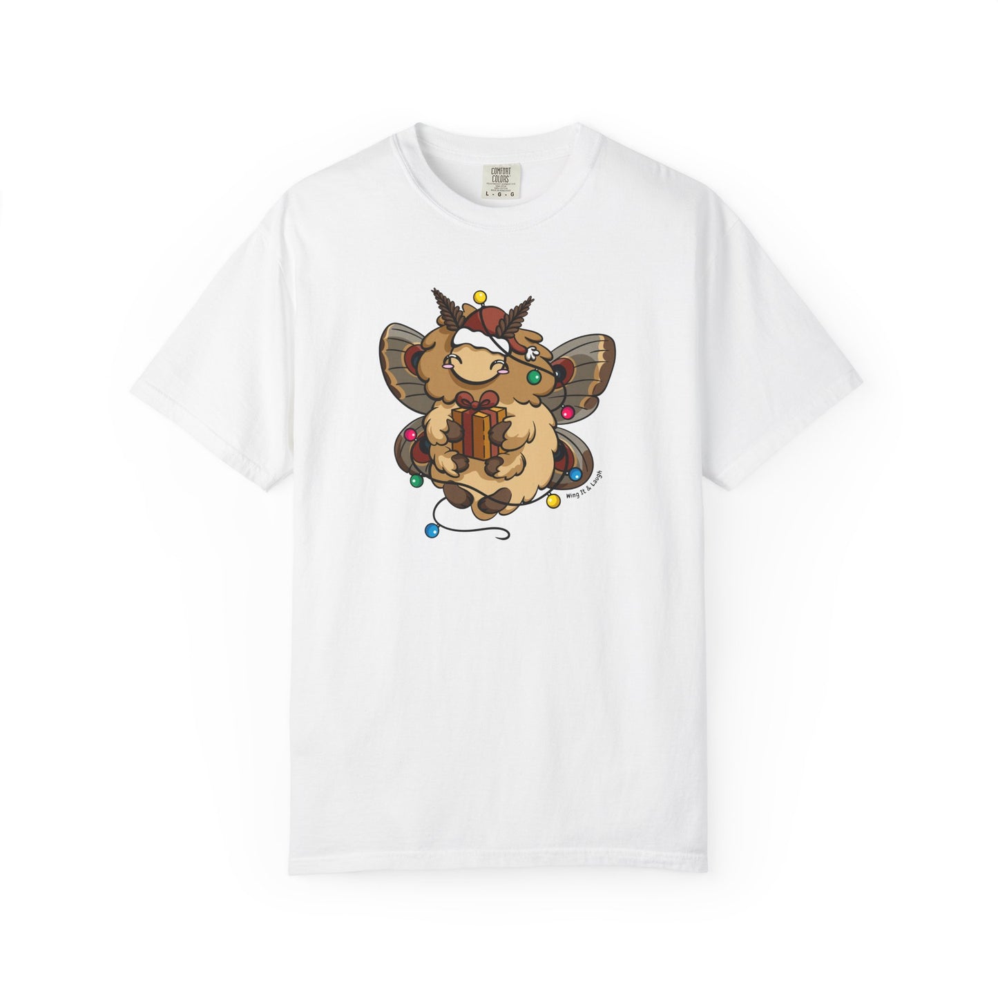 White unisex t-shirt with a moth holding a present with Christmas lights on a white background