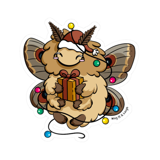 Cute holiday moth vinyl sticker holding a gift and surrounded by Christmas lights, on a white background