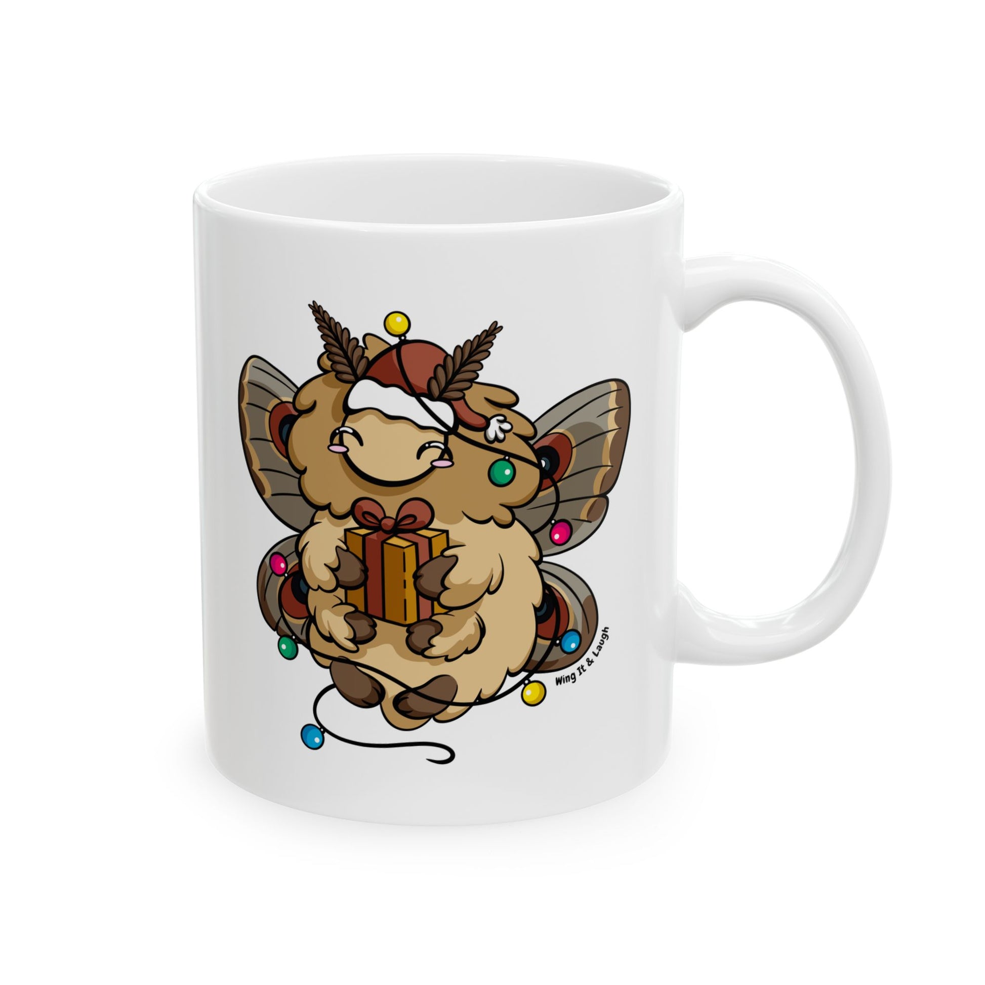 White ceramic holiday 11oz coffee mug with moth holding present and Christmas lights, on a white background.