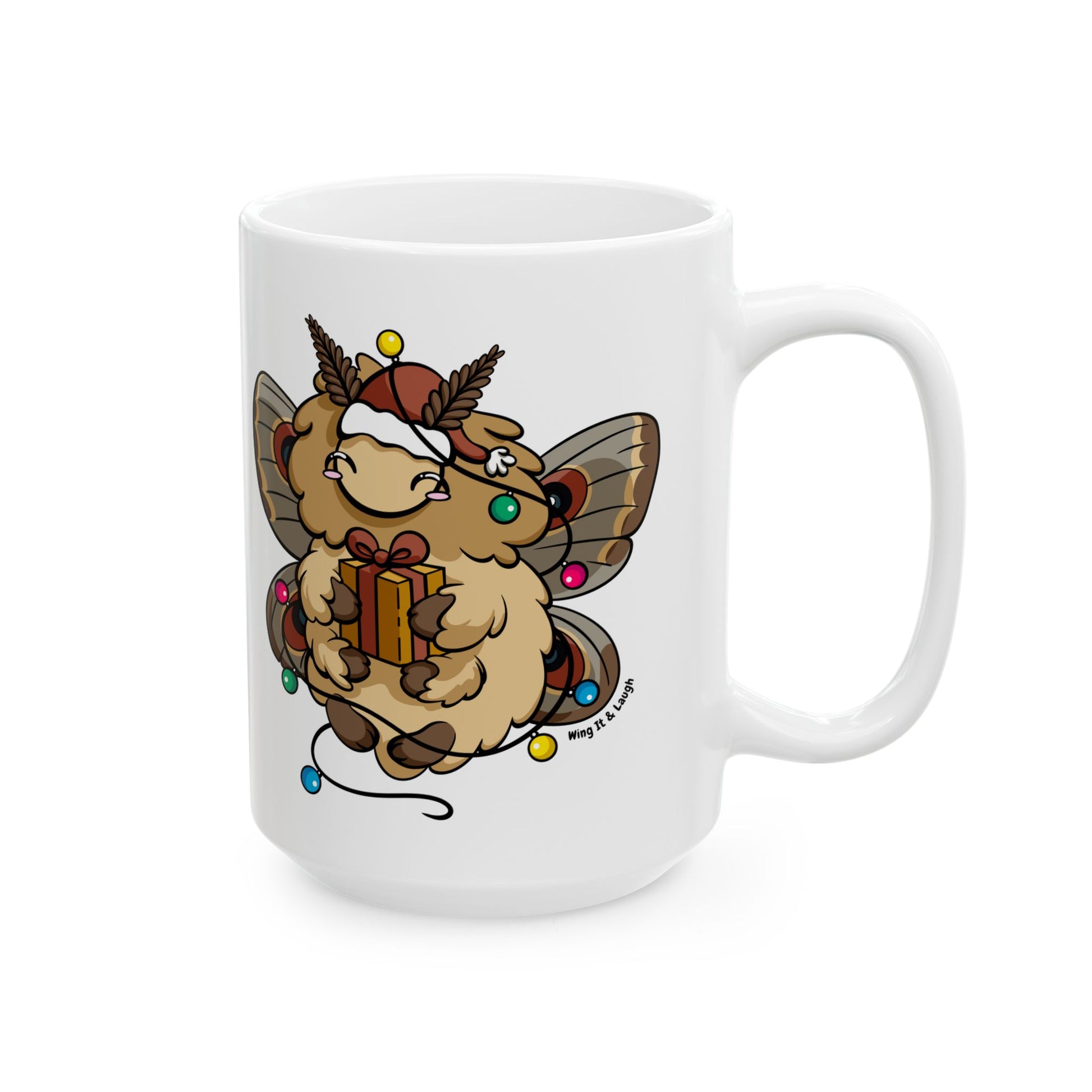 Tall white 15oz mug with a Christmas moth holding a gift and bright lights on a white background