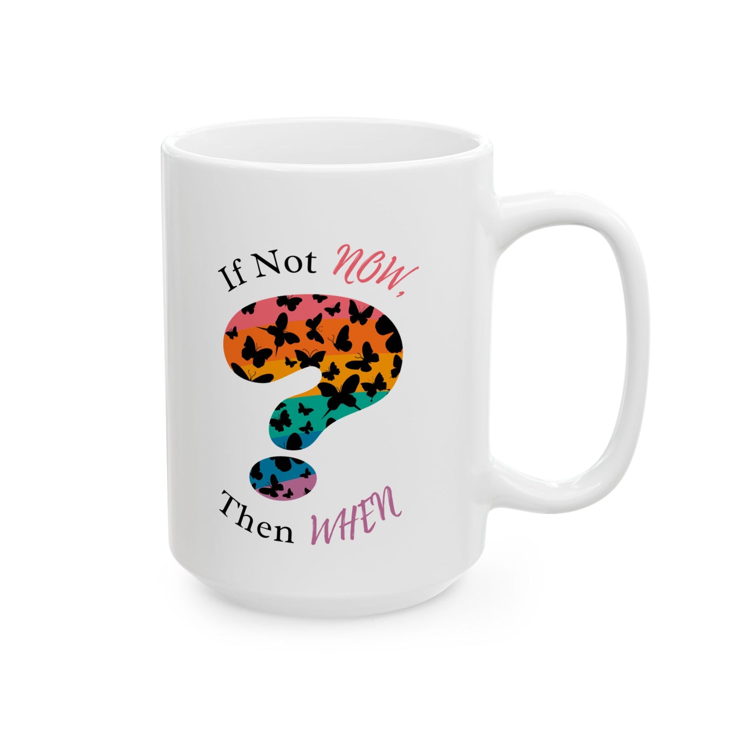 white mug with a rainbow question-mark graphic and text on a white background