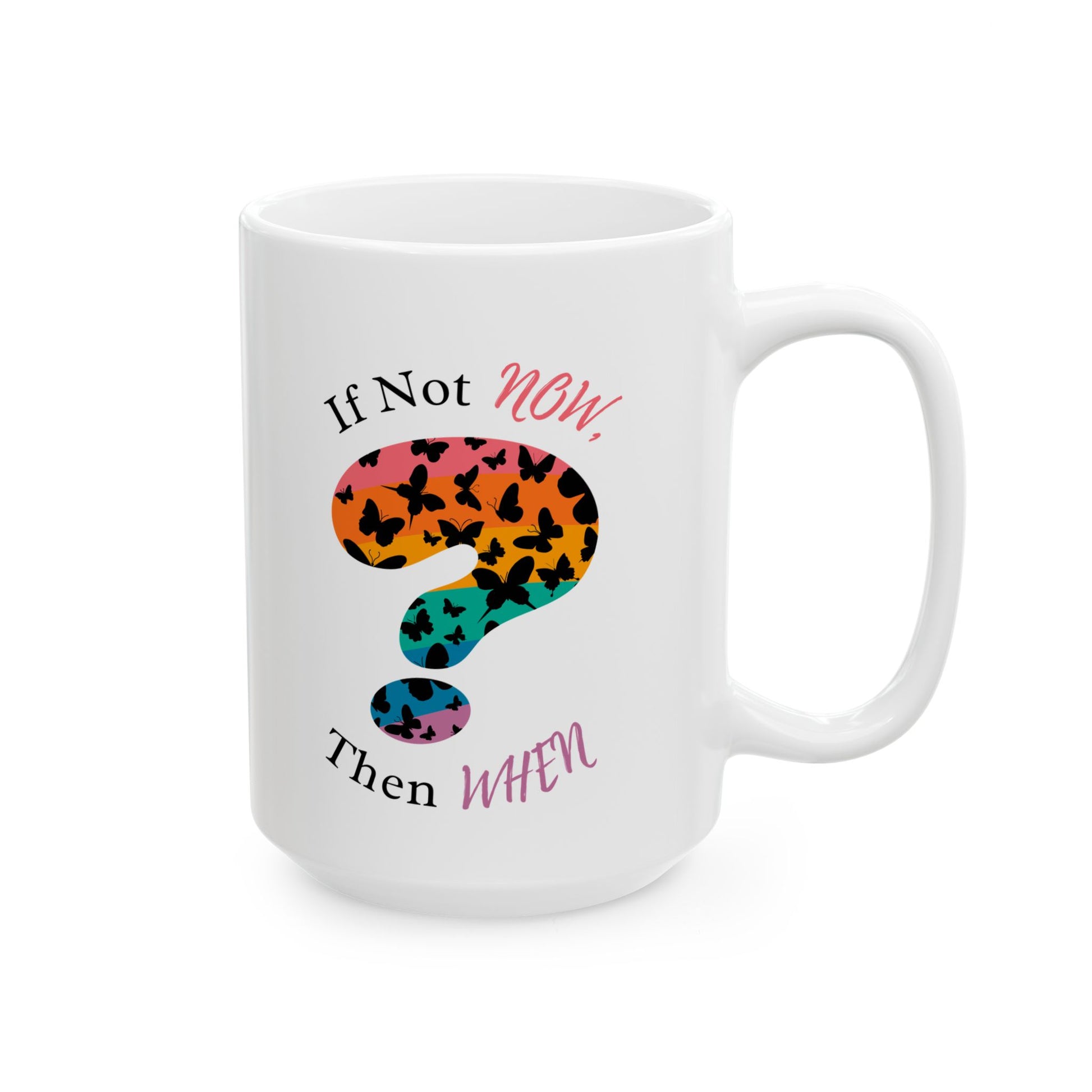 white mug with a rainbow question-mark graphic and text on a white background