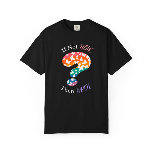 black shirt with a colorful question mark filled with white butterfly silhouettes and uplifting quote encouraging action