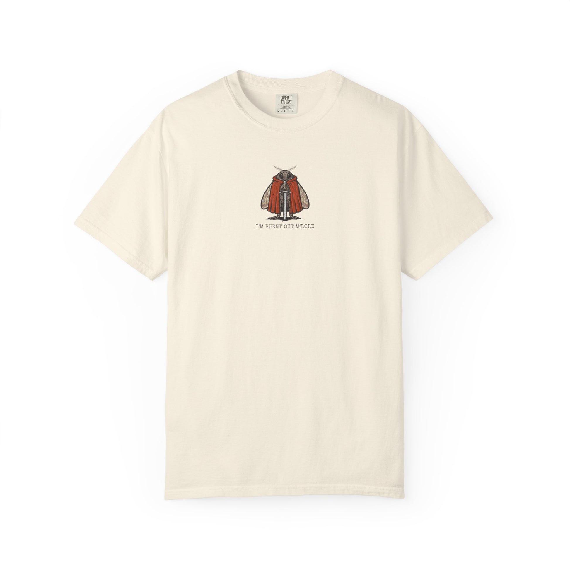 Cream colored moth meme t-shirt with medieval style moth illustration
