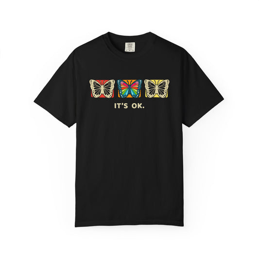 black shrit with three butterflies and simple positive affirmation in bold cream text
