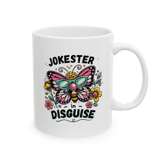 white ceramic 11oz cup with a colorful butterfly, floral accents and bold lettering